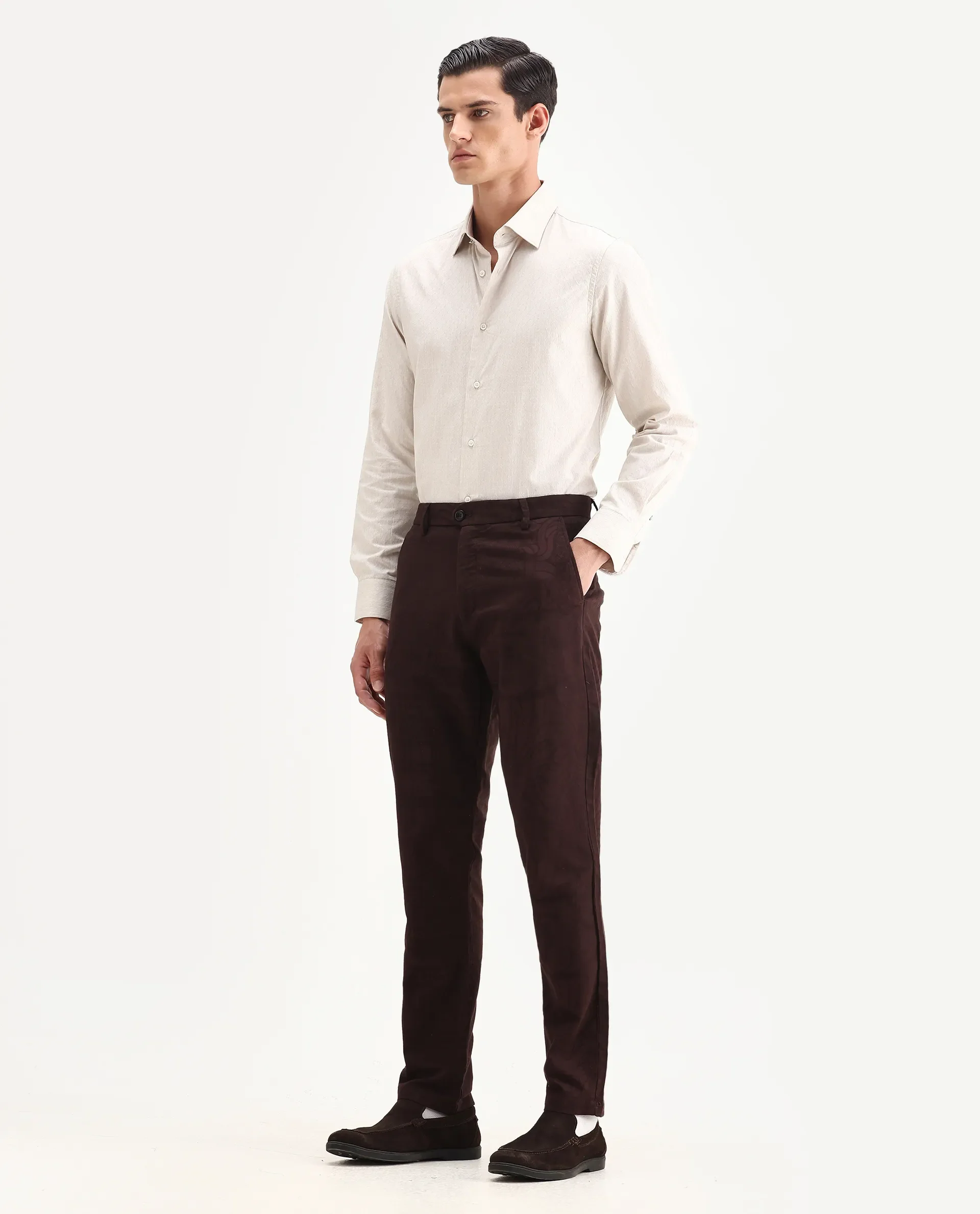 Rare Rabbit Men Jeck-Aw25 Dark Brown Cotton Fabric Button And Zip Closure Closure Jacquard Trouser - Image 4