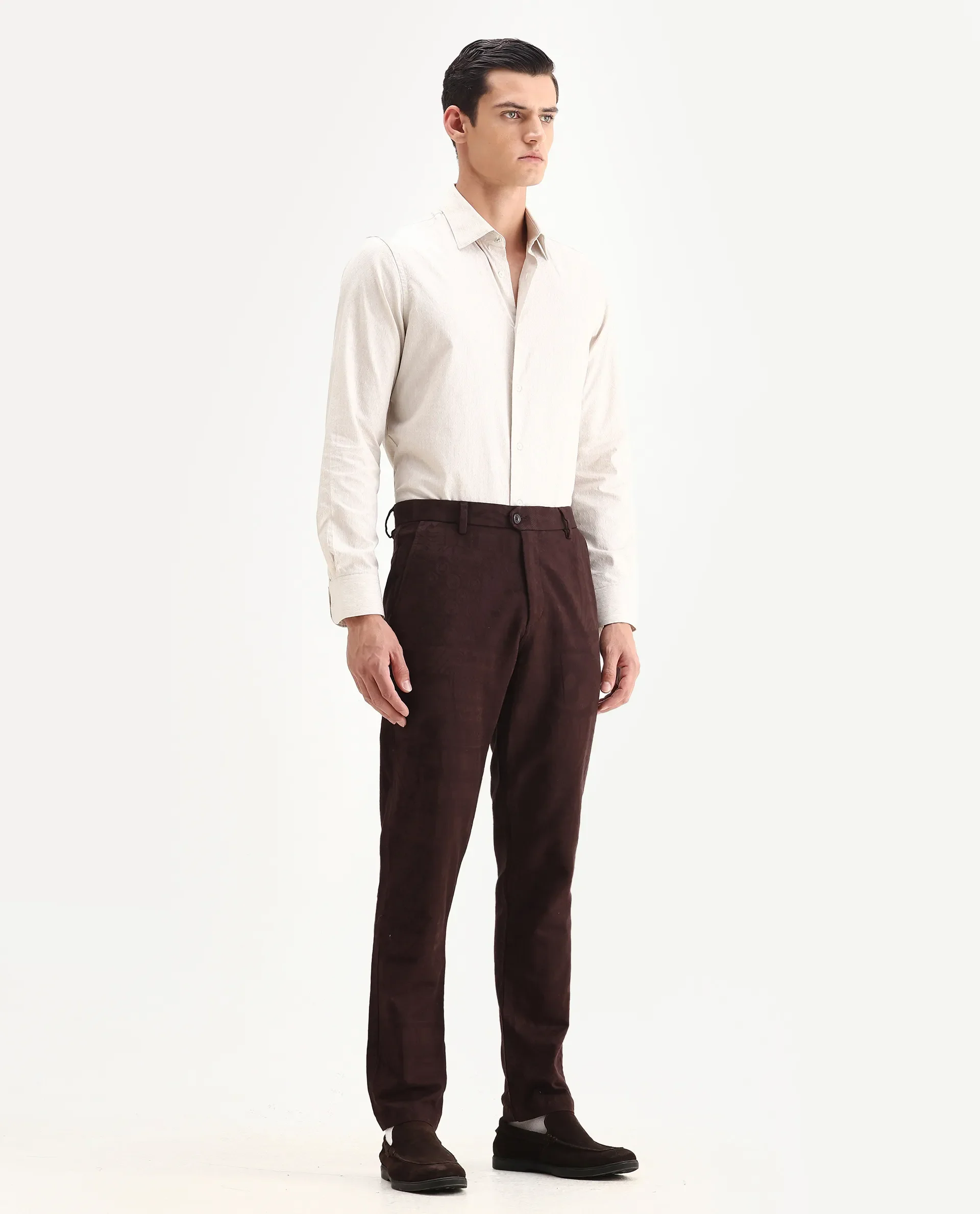 Rare Rabbit Men Jeck-Aw25 Dark Brown Cotton Fabric Button And Zip Closure Closure Jacquard Trouser - Image 5