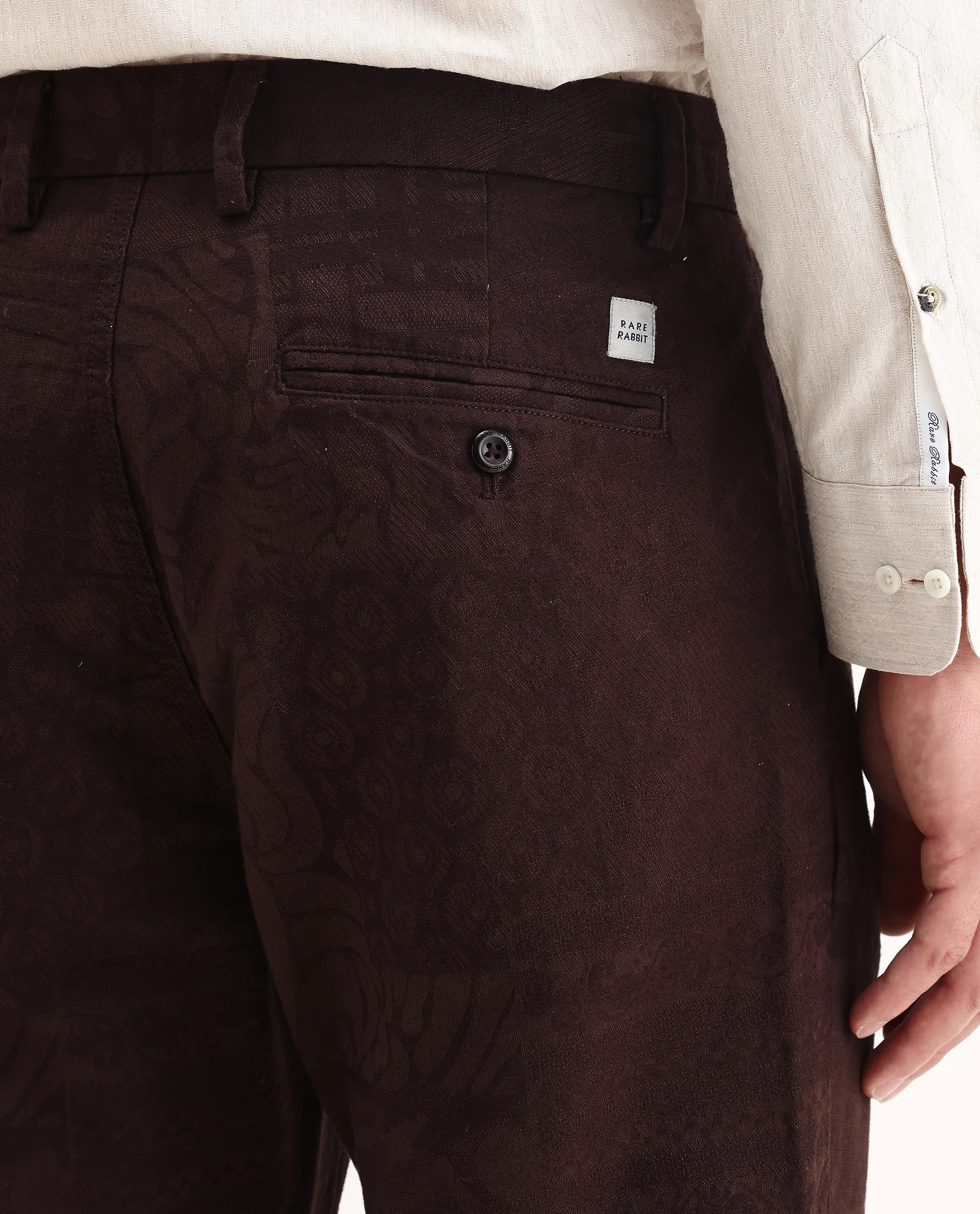 Rare Rabbit Men Jeck-Aw25 Dark Brown Cotton Fabric Button And Zip Closure Closure Jacquard Trouser - Image 6
