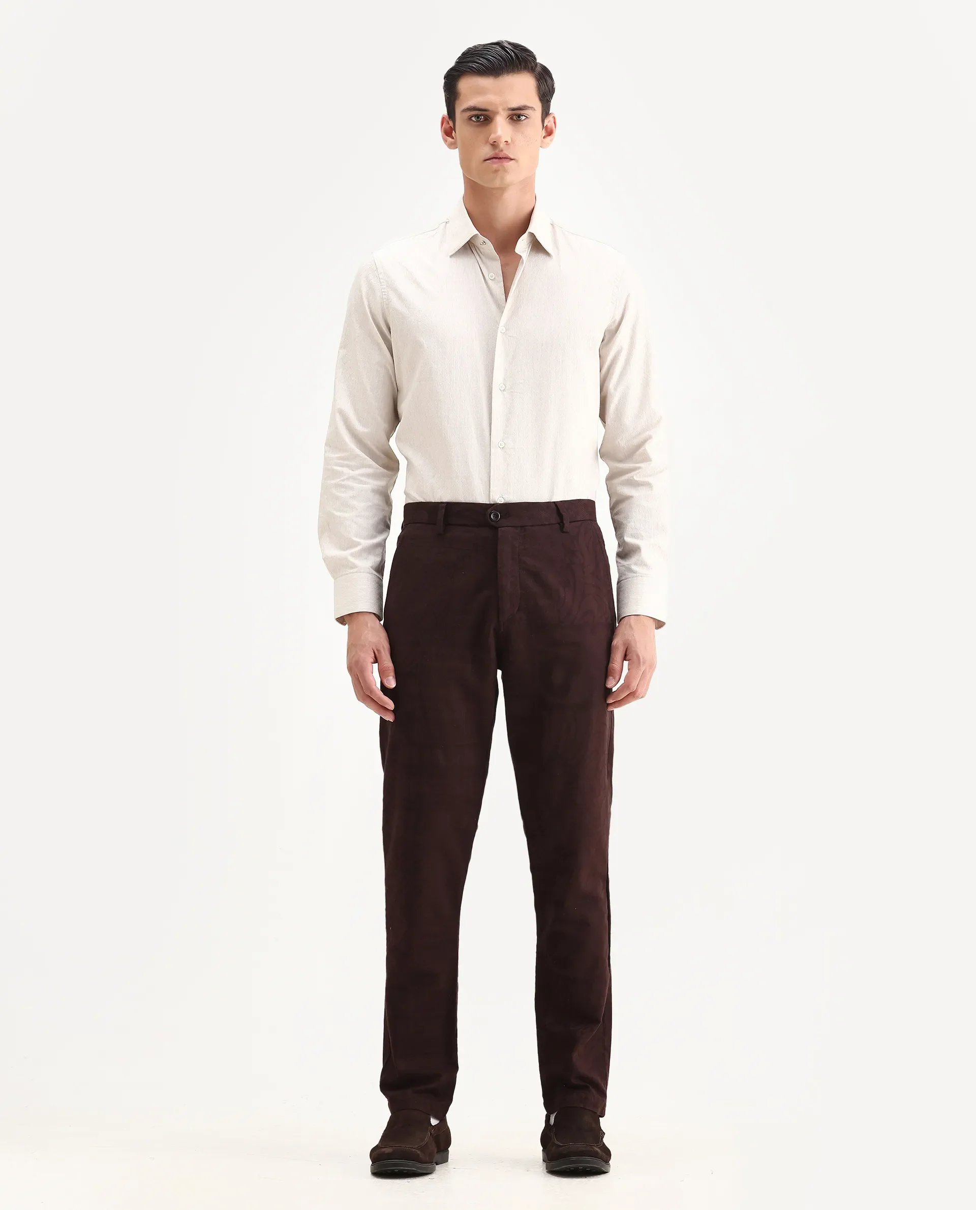 Rare Rabbit Men Jeck-Aw25 Dark Brown Cotton Fabric Button And Zip Closure Closure Jacquard Trouser - Image 7