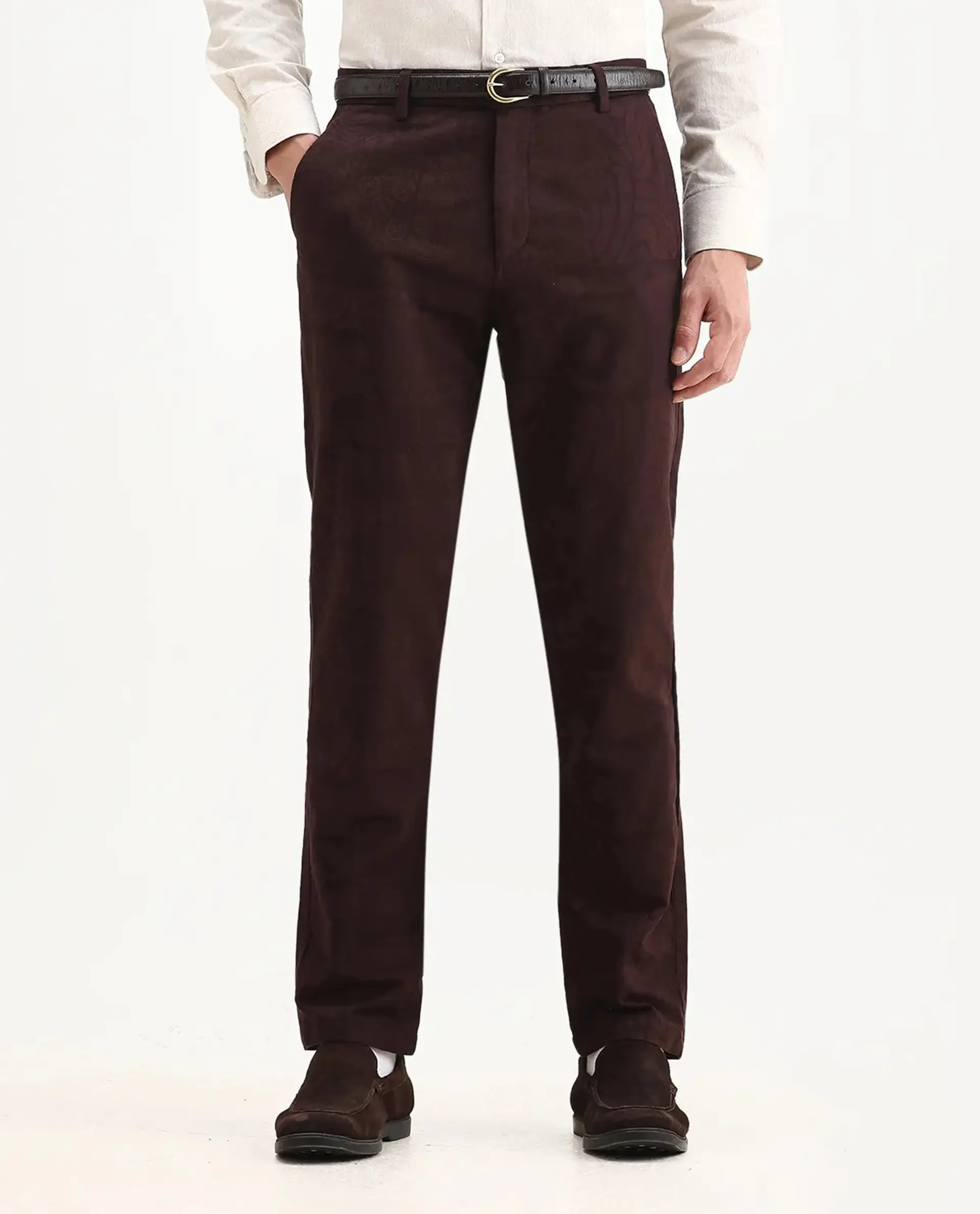 Rare Rabbit Men Jeck-Aw25 Dark Brown Cotton Fabric Button And Zip Closure Closure Jacquard Trouser - Image 9