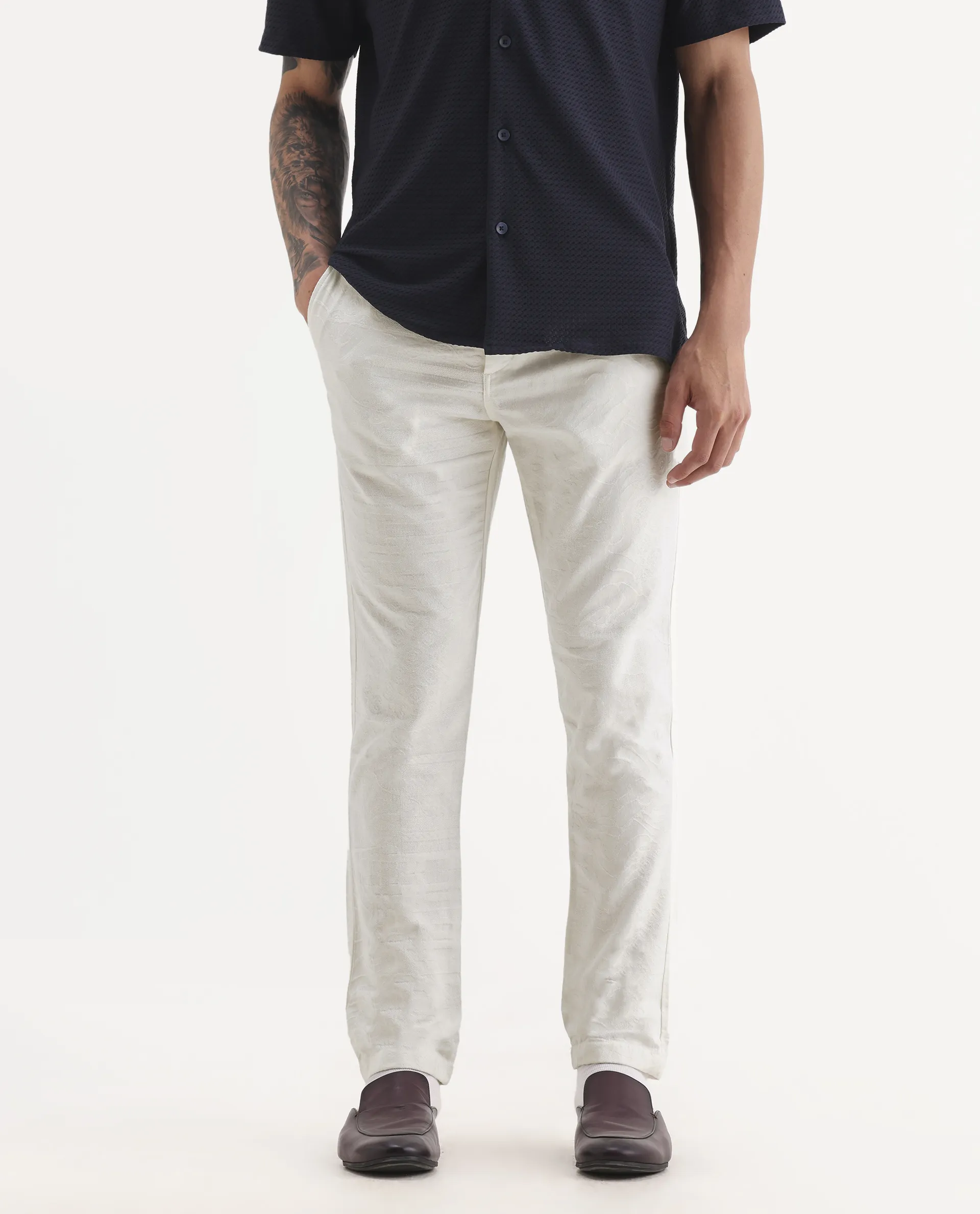 Rare Rabbit Men Jeck-Aw25 White Cotton Fabric Button And Zip Closure Closure Jacquard Trouser - Image 2