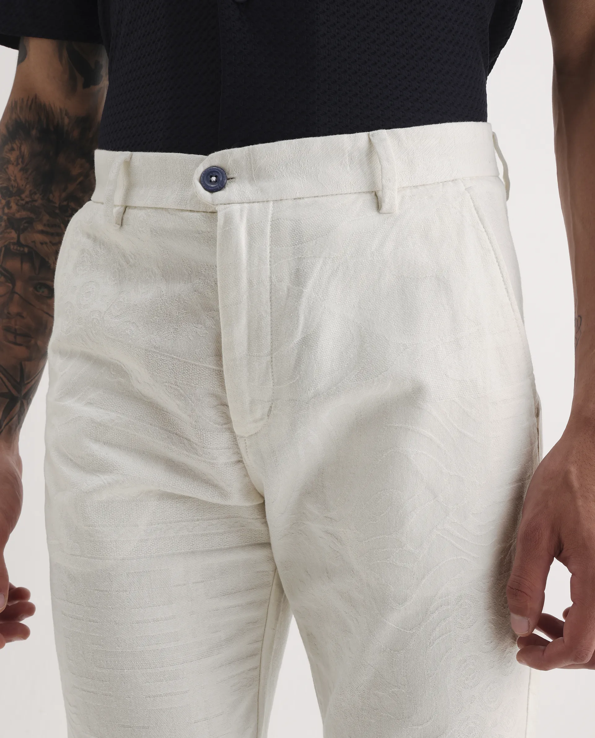 Rare Rabbit Men Jeck-Aw25 White Cotton Fabric Button And Zip Closure Closure Jacquard Trouser - Image 6