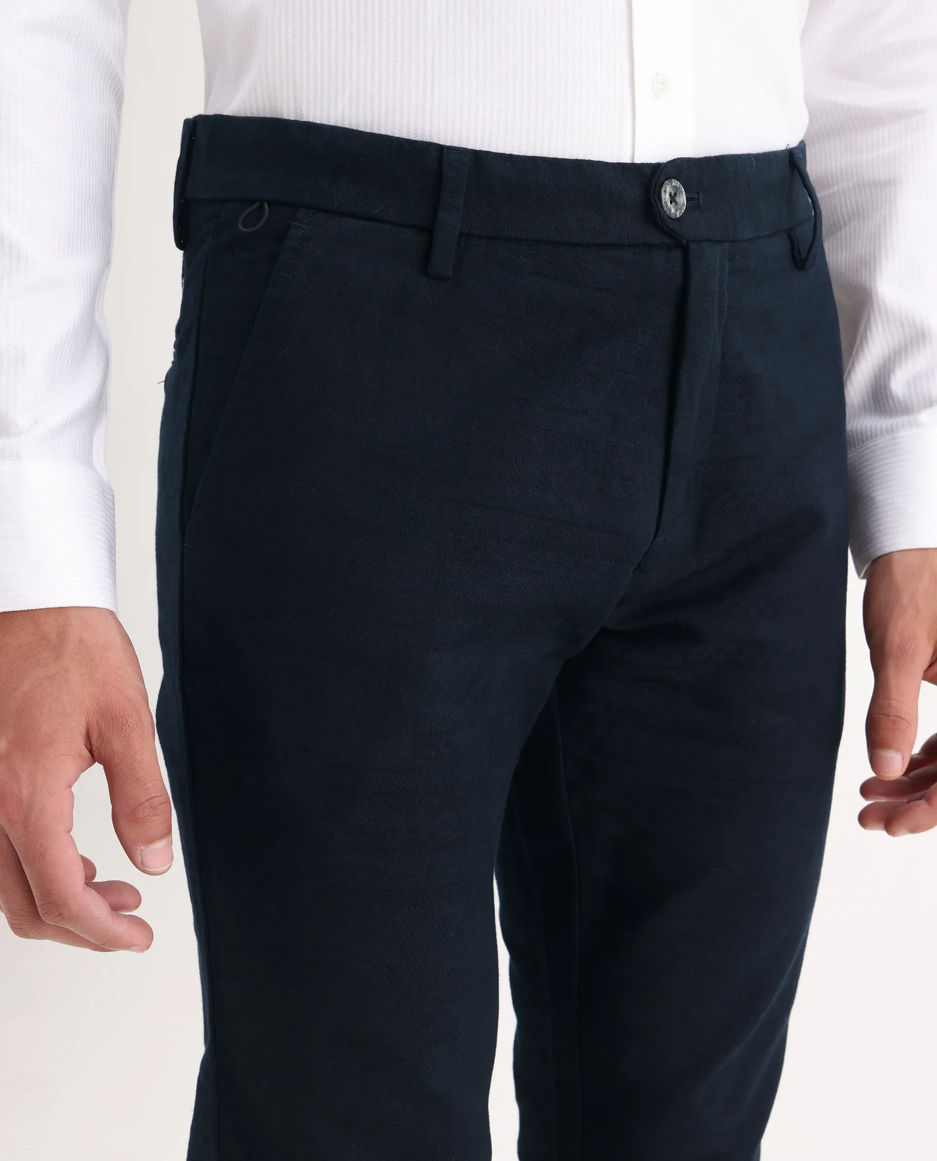 Rare Rabbit Men's Jeck Navy Cotton Fabric Regular Fit Mid Rise Jacquard Trouser - Image 3