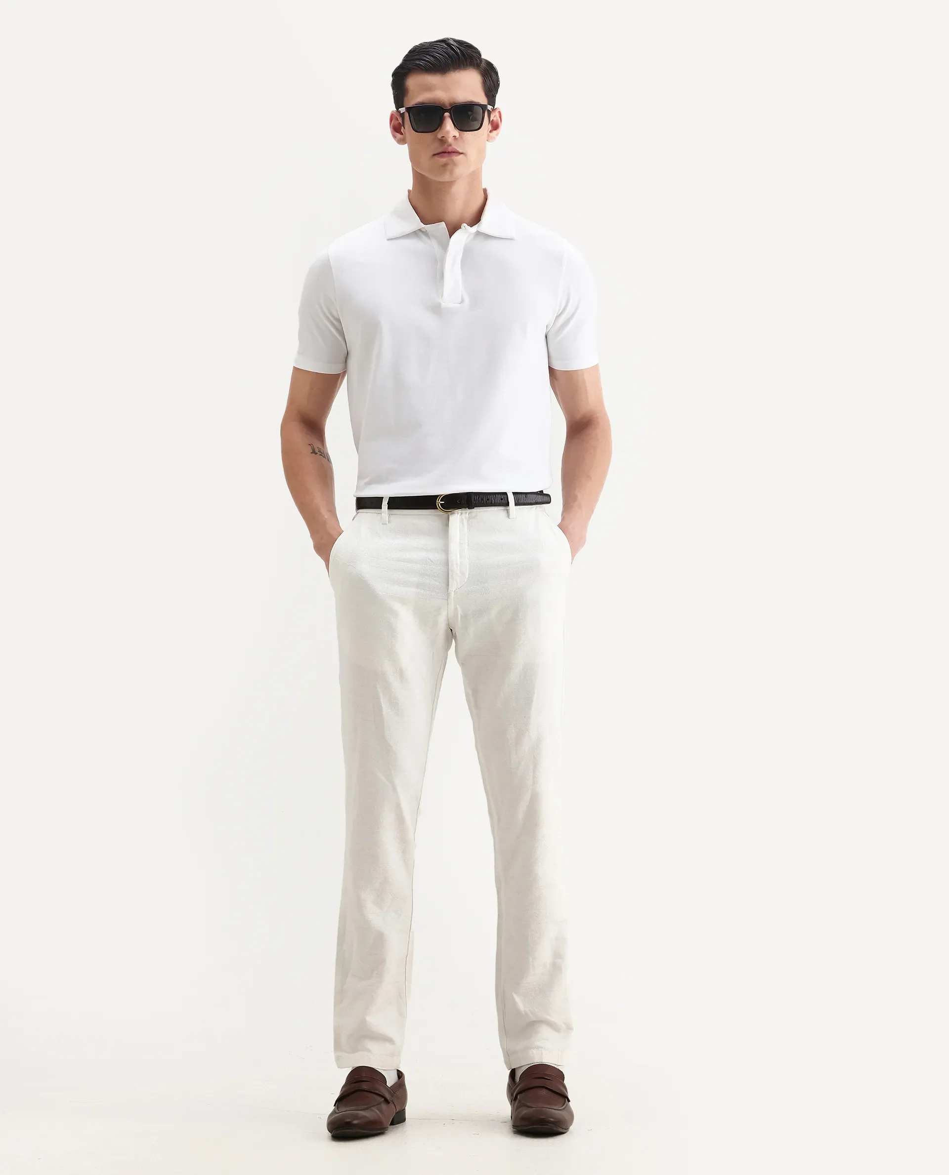 Rare Rabbit Men's Jeck White Cotton Jacquard Regular Fit Trouser