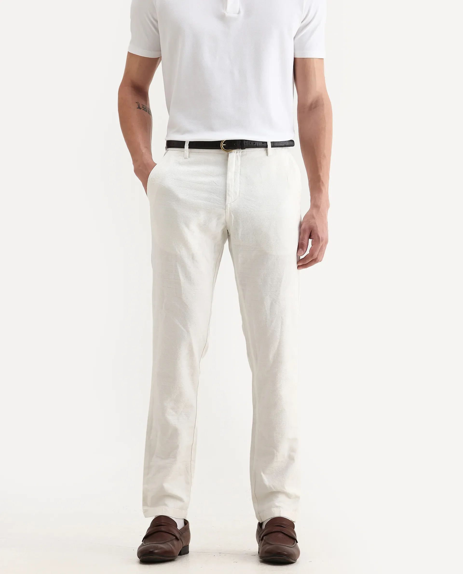 Rare Rabbit Men's Jeck White Cotton Jacquard Regular Fit Trouser - Image 2