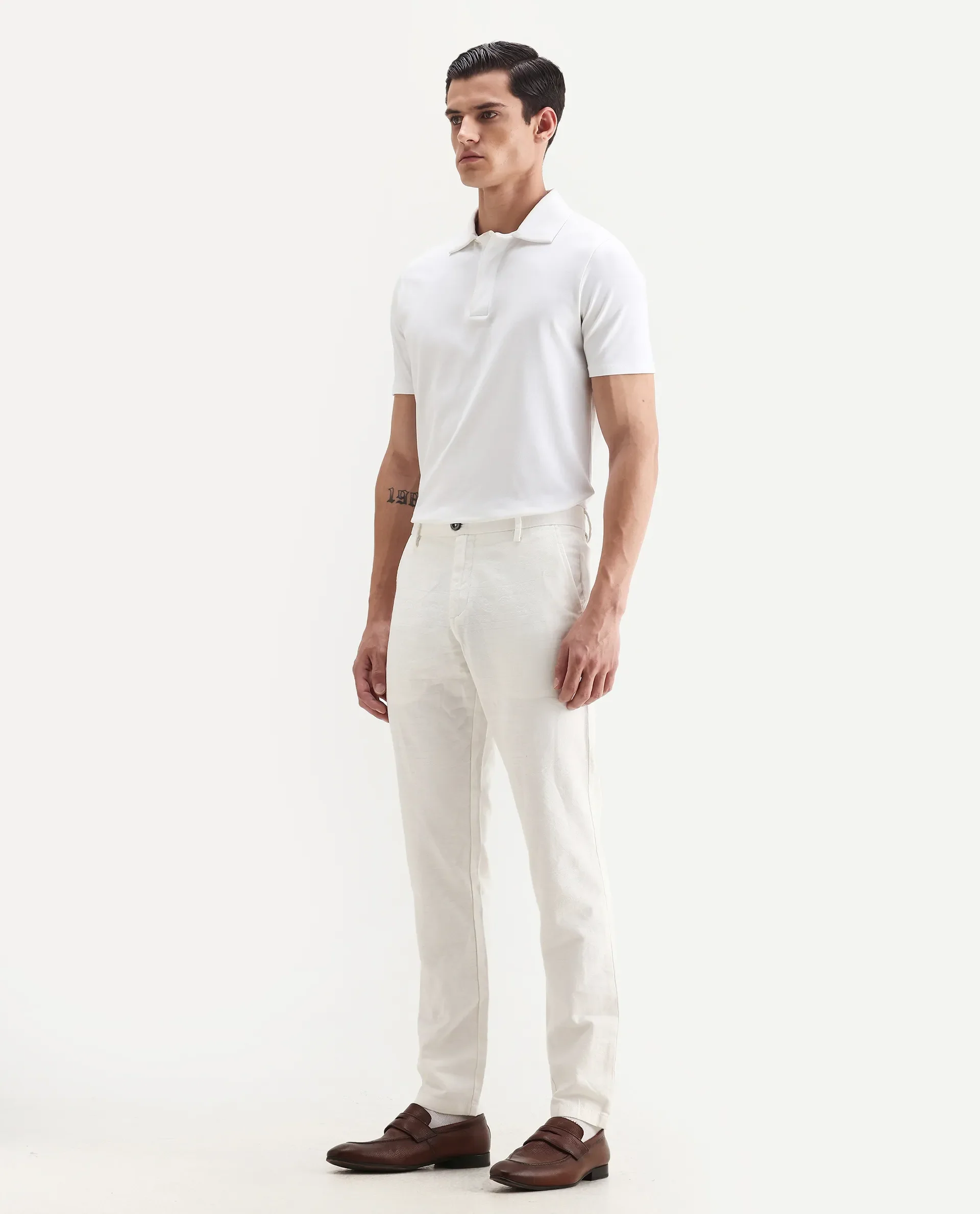 Rare Rabbit Men's Jeck White Cotton Jacquard Regular Fit Trouser - Image 3