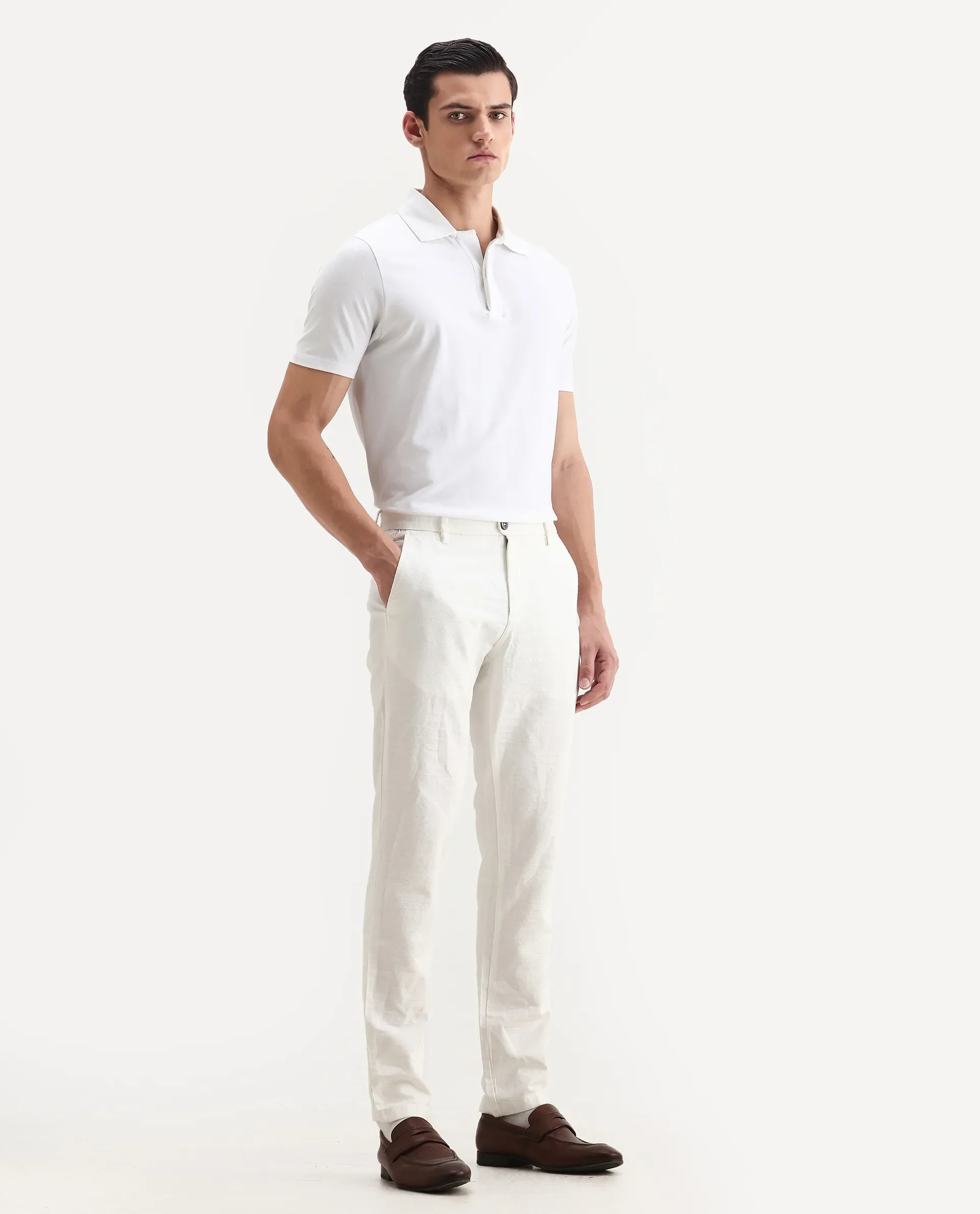 Rare Rabbit Men's Jeck White Cotton Jacquard Regular Fit Trouser - Image 4