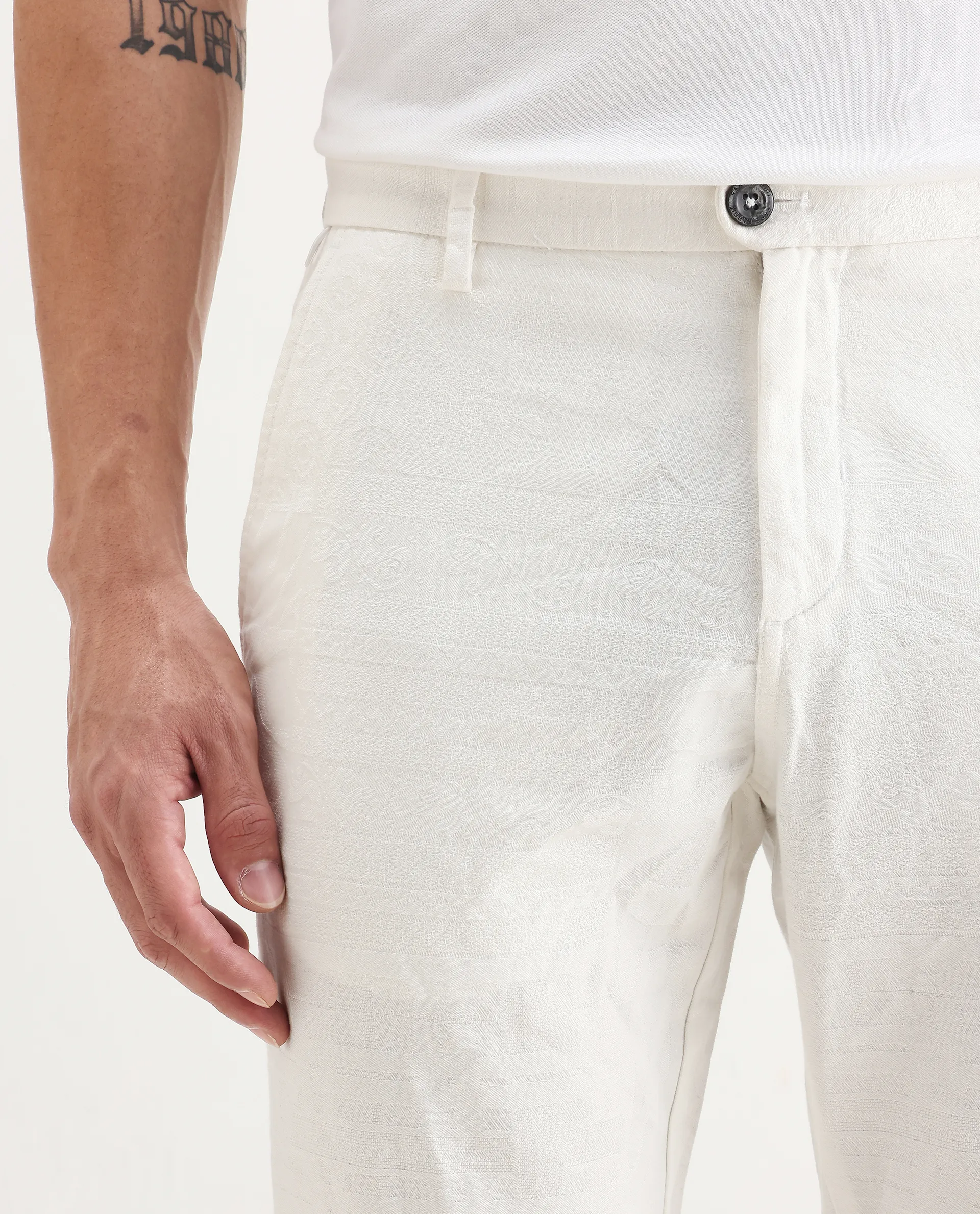Rare Rabbit Men's Jeck White Cotton Jacquard Regular Fit Trouser - Image 5