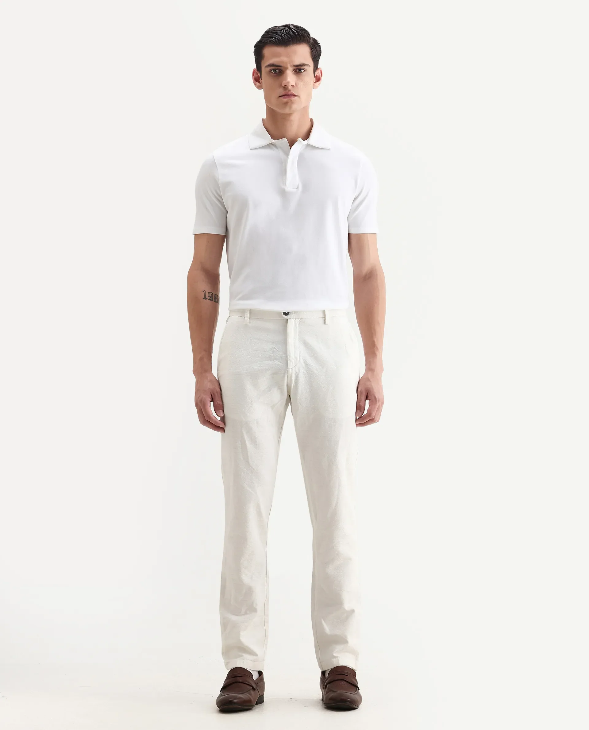 Rare Rabbit Men's Jeck White Cotton Jacquard Regular Fit Trouser - Image 7