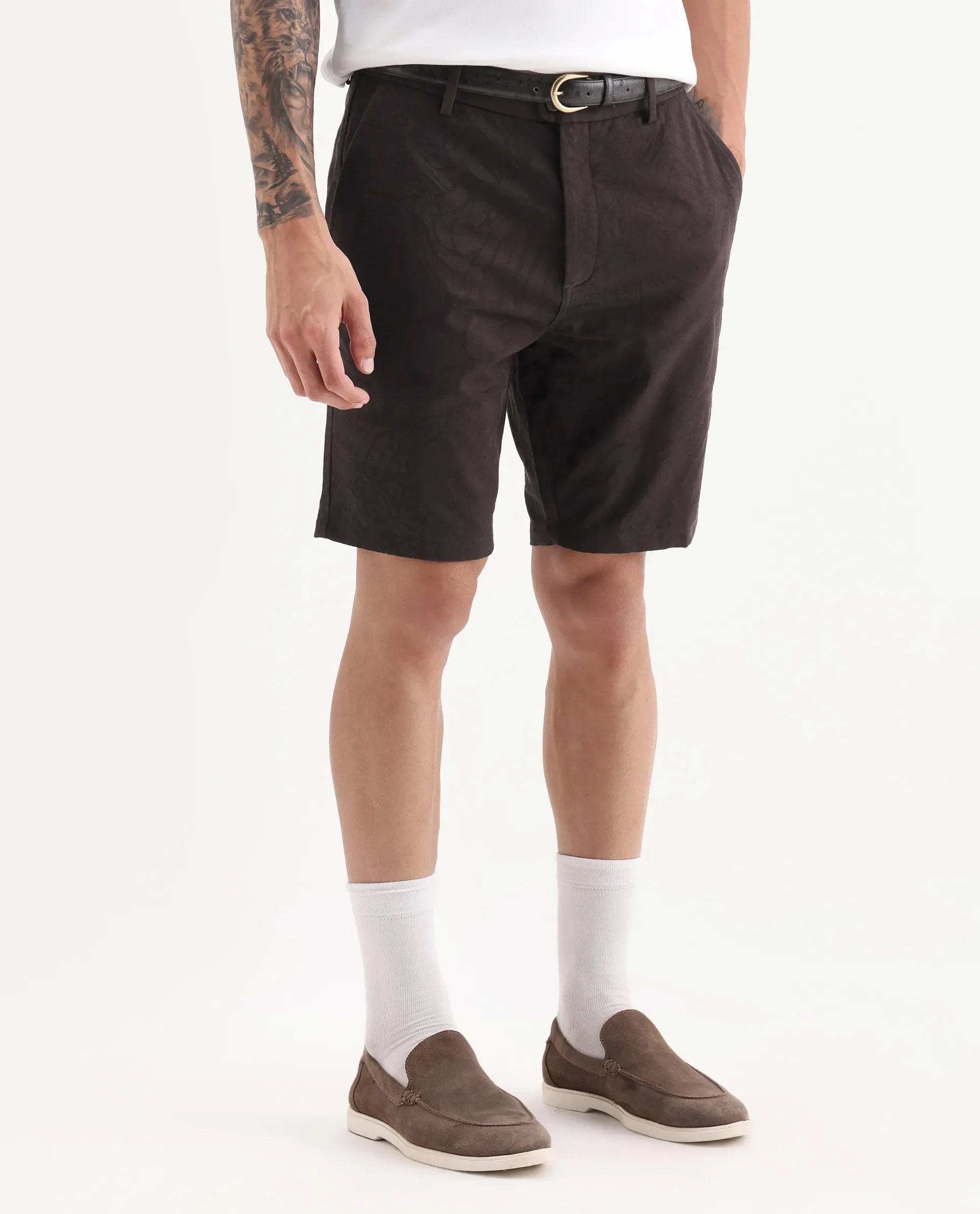 Rare Rabbit Men Jeck-S Dark Brown Cotton Fabric Button Closure Jacquard Shorts - Image 2