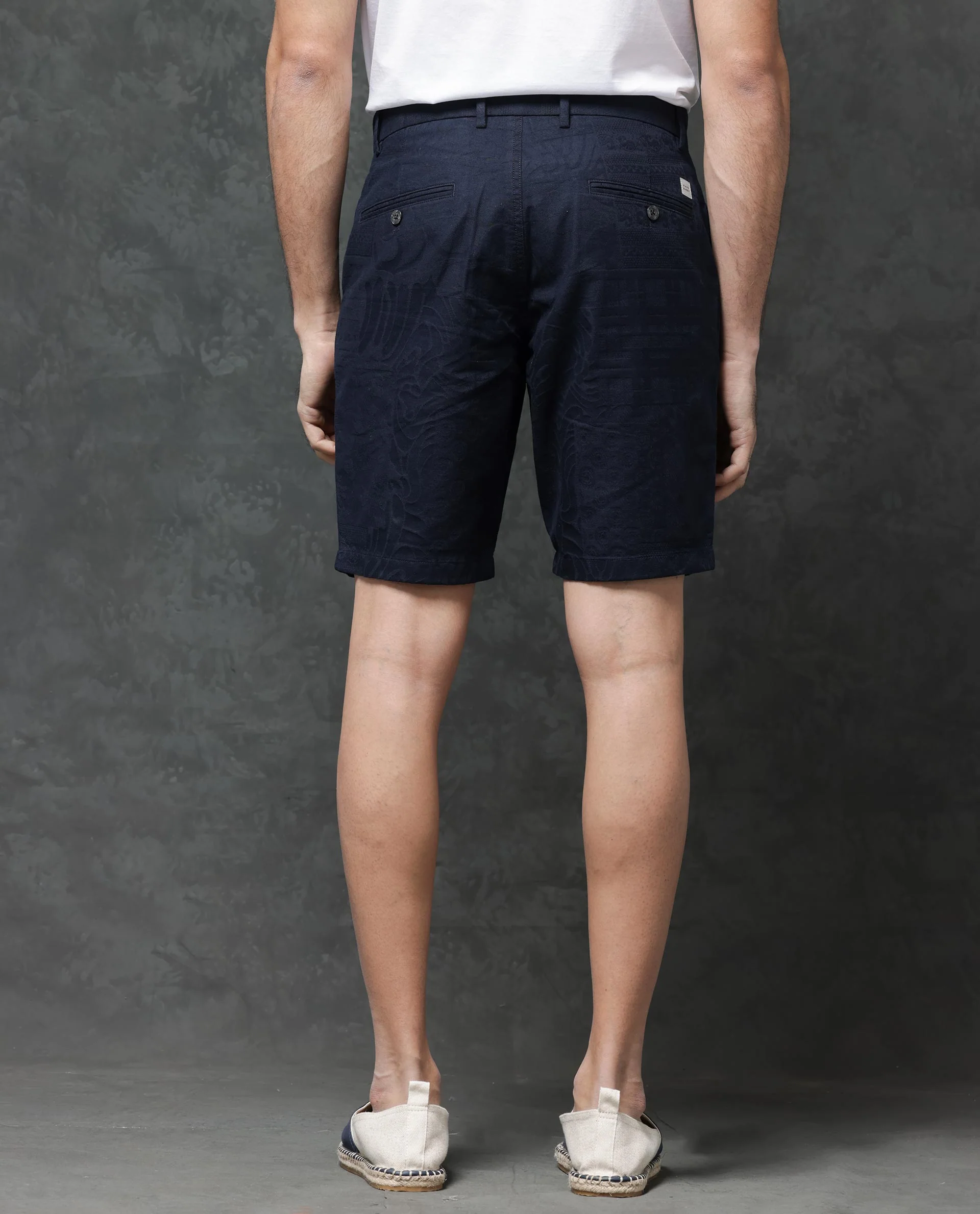 Rare Rabbit Men's Jecky Navy Cotton Jacquard Relaxed Fit Shorts - Image 11