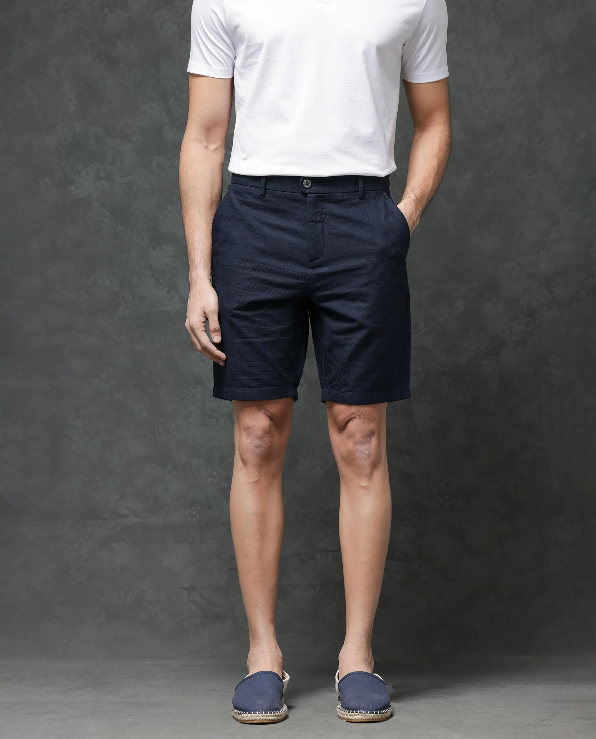 Rare Rabbit Men's Jecky Navy Cotton Jacquard Relaxed Fit Shorts - Image 4