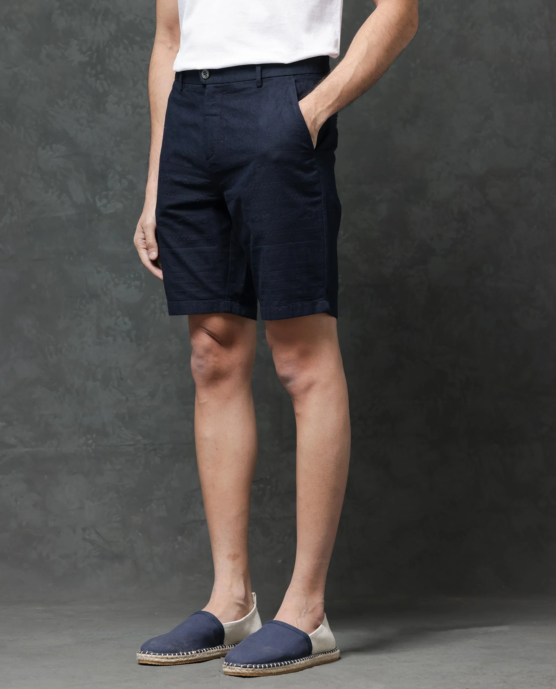 Rare Rabbit Men's Jecky Navy Cotton Jacquard Relaxed Fit Shorts - Image 6