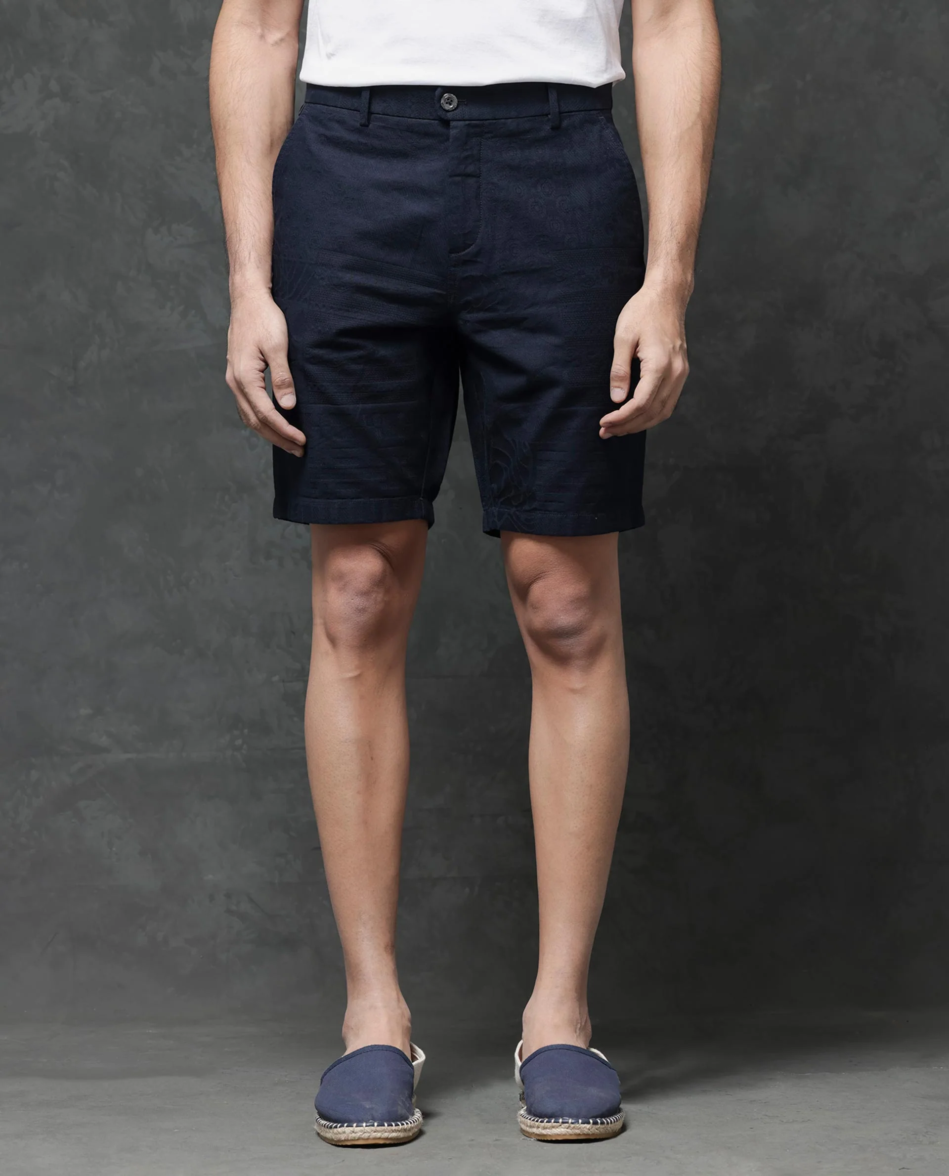 Rare Rabbit Men's Jecky Navy Cotton Jacquard Relaxed Fit Shorts - Image 7