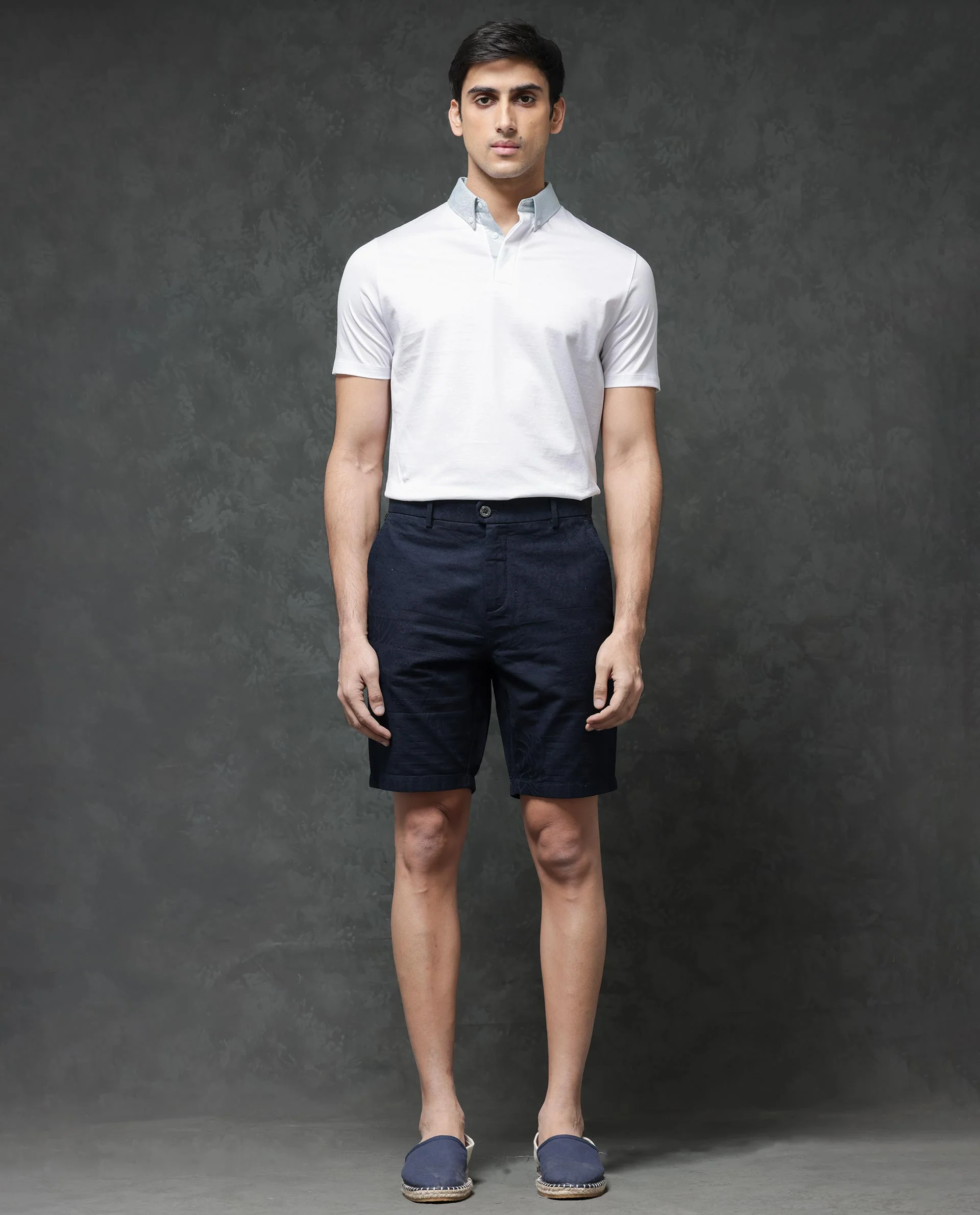 Rare Rabbit Men's Jecky Navy Cotton Jacquard Relaxed Fit Shorts - Image 9