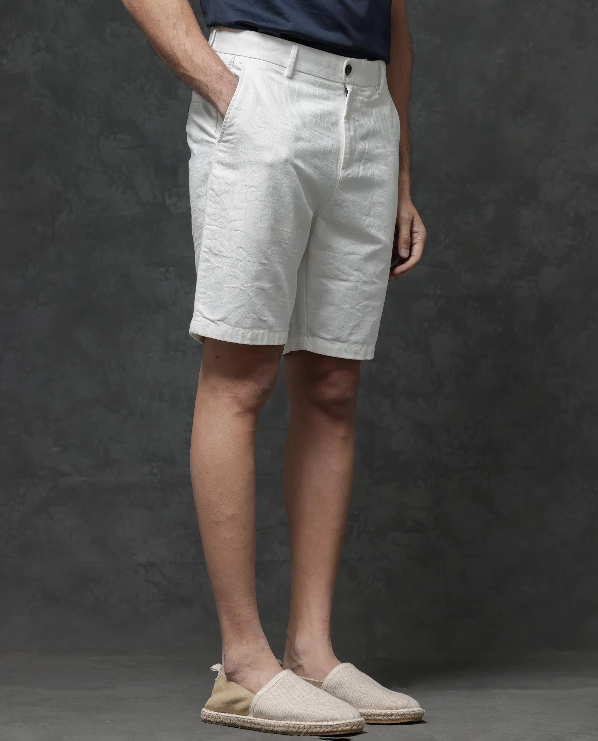 Rare Rabbit Men's Jecky Off White Cotton Jacquard Relaxed Fit Shorts - Image 7