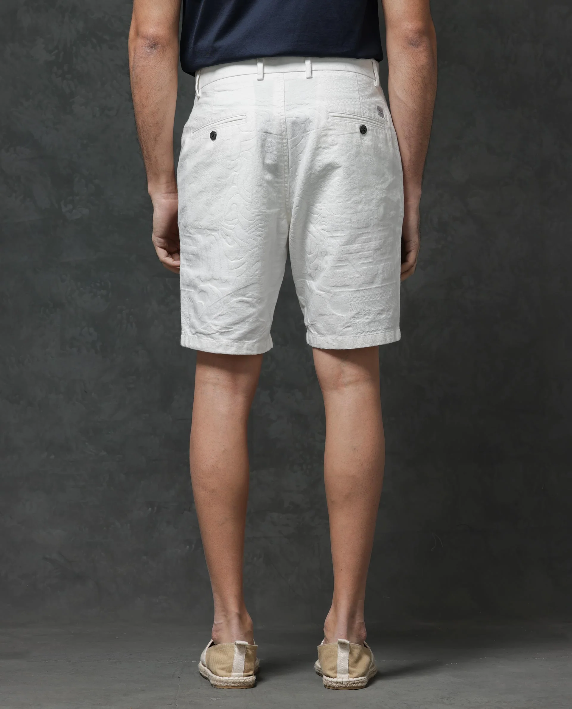 Rare Rabbit Men's Jecky Off White Cotton Jacquard Relaxed Fit Shorts - Image 9