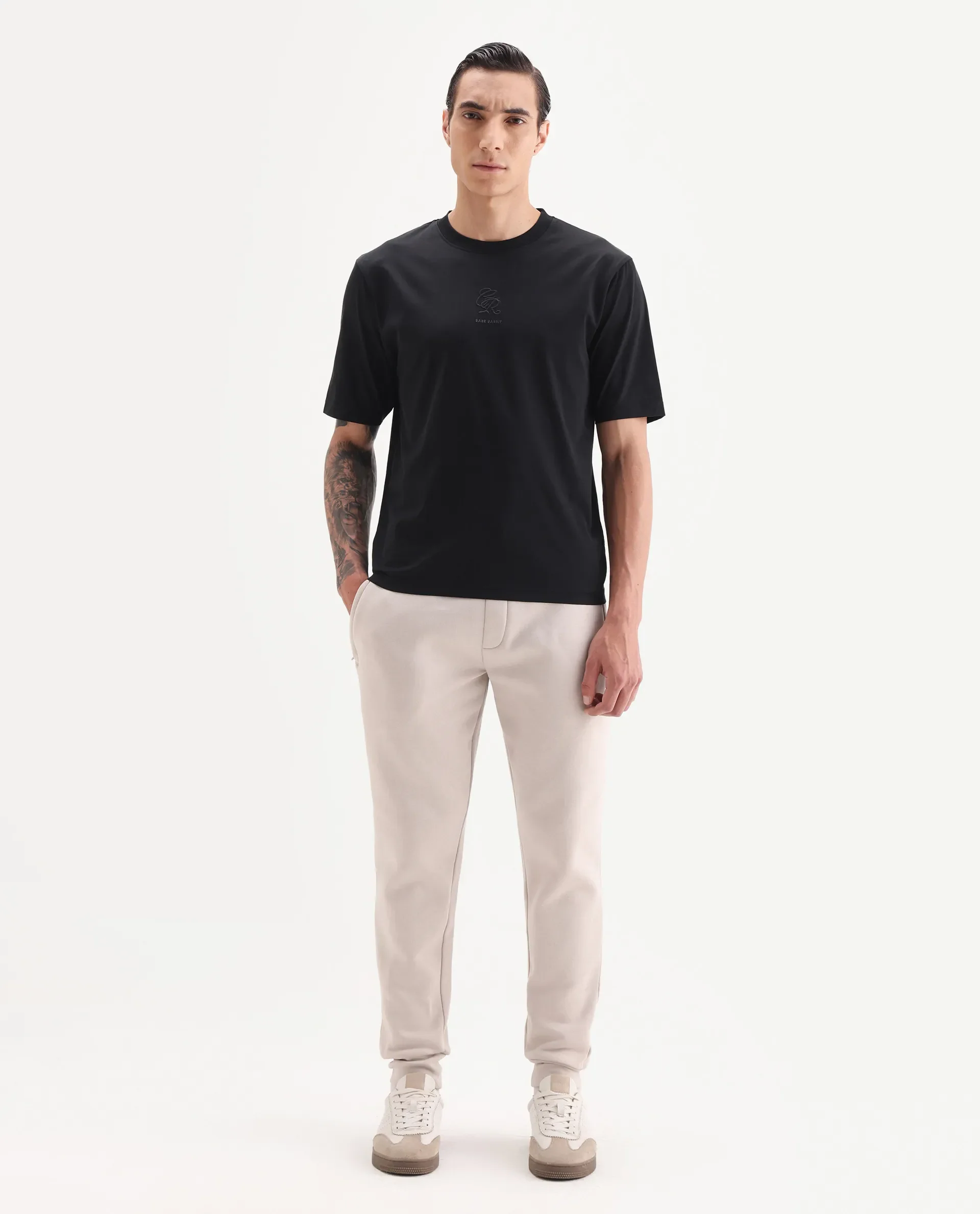 Rare Rabbit Men's Ject Black Cotton Fabric Half Sleeve Crew Neck Regular Fit Graphic Print T-Shirt - Image 2