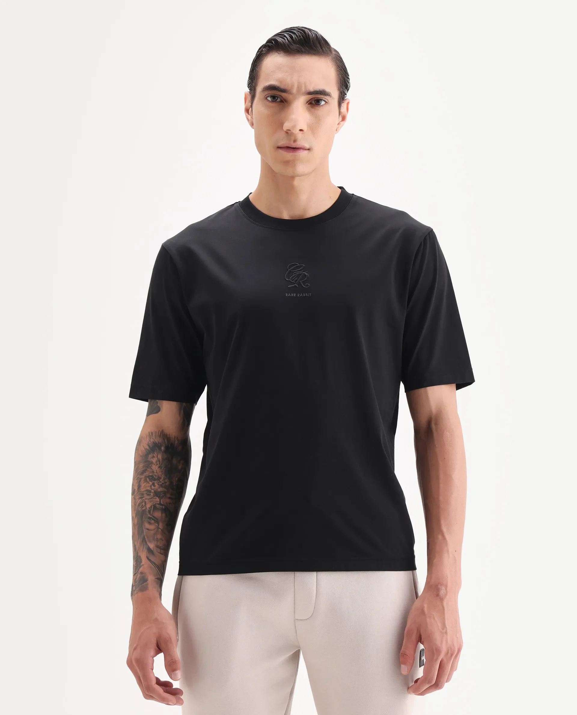 Rare Rabbit Men's Ject Black Cotton Fabric Half Sleeve Crew Neck Regular Fit Graphic Print T-Shirt - Image 4