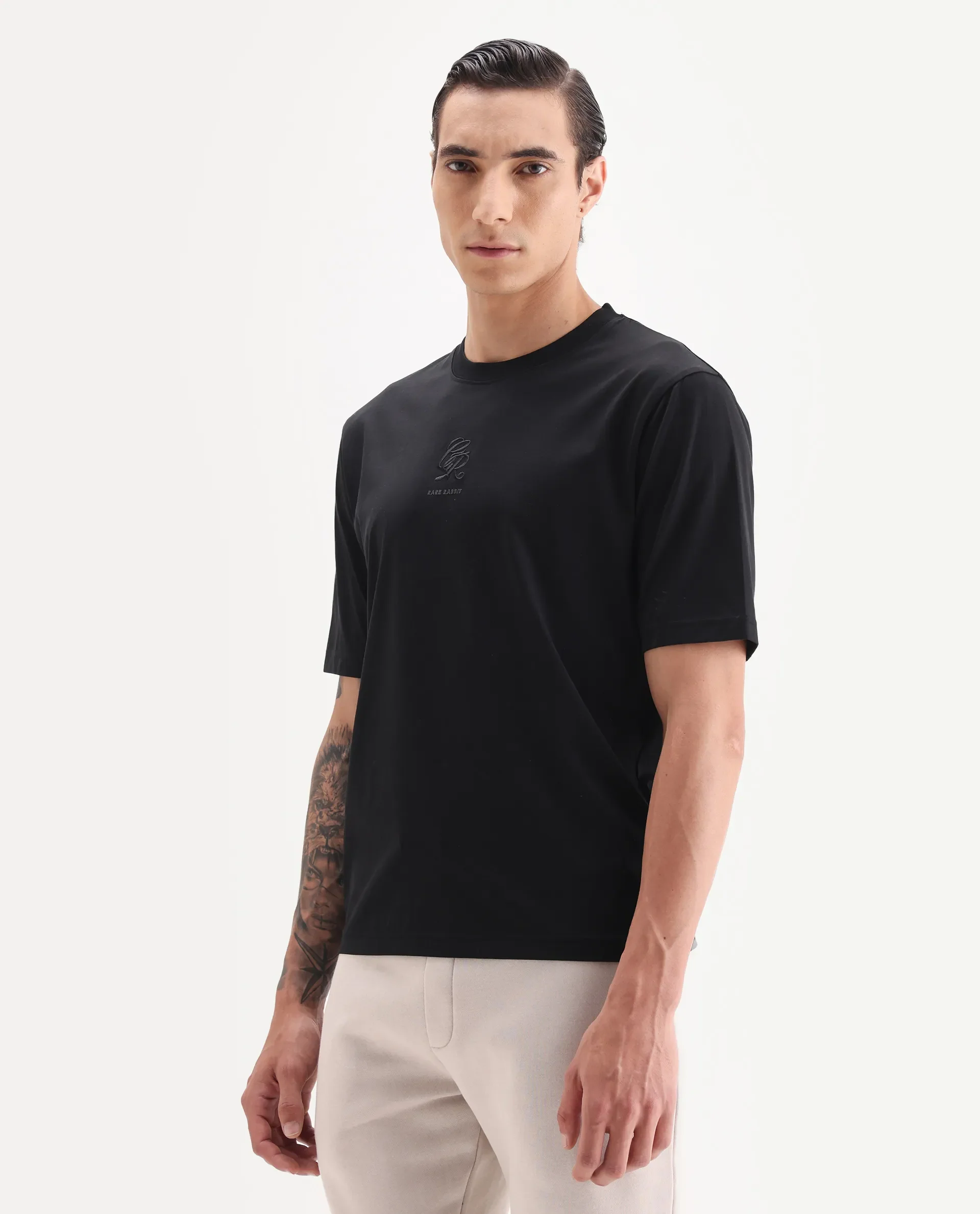 Rare Rabbit Men's Ject Black Cotton Fabric Half Sleeve Crew Neck Regular Fit Graphic Print T-Shirt - Image 5