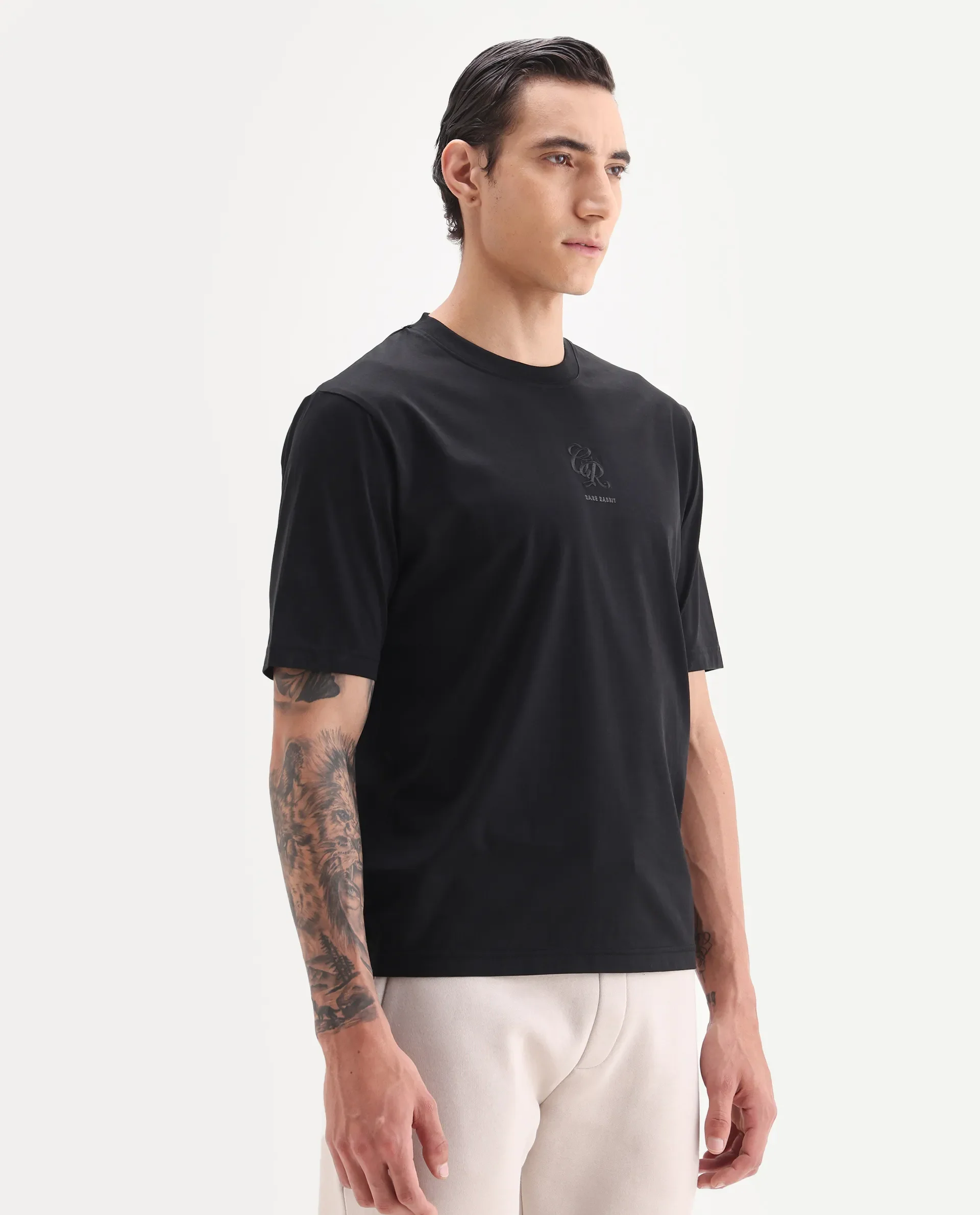 Rare Rabbit Men's Ject Black Cotton Fabric Half Sleeve Crew Neck Regular Fit Graphic Print T-Shirt - Image 6