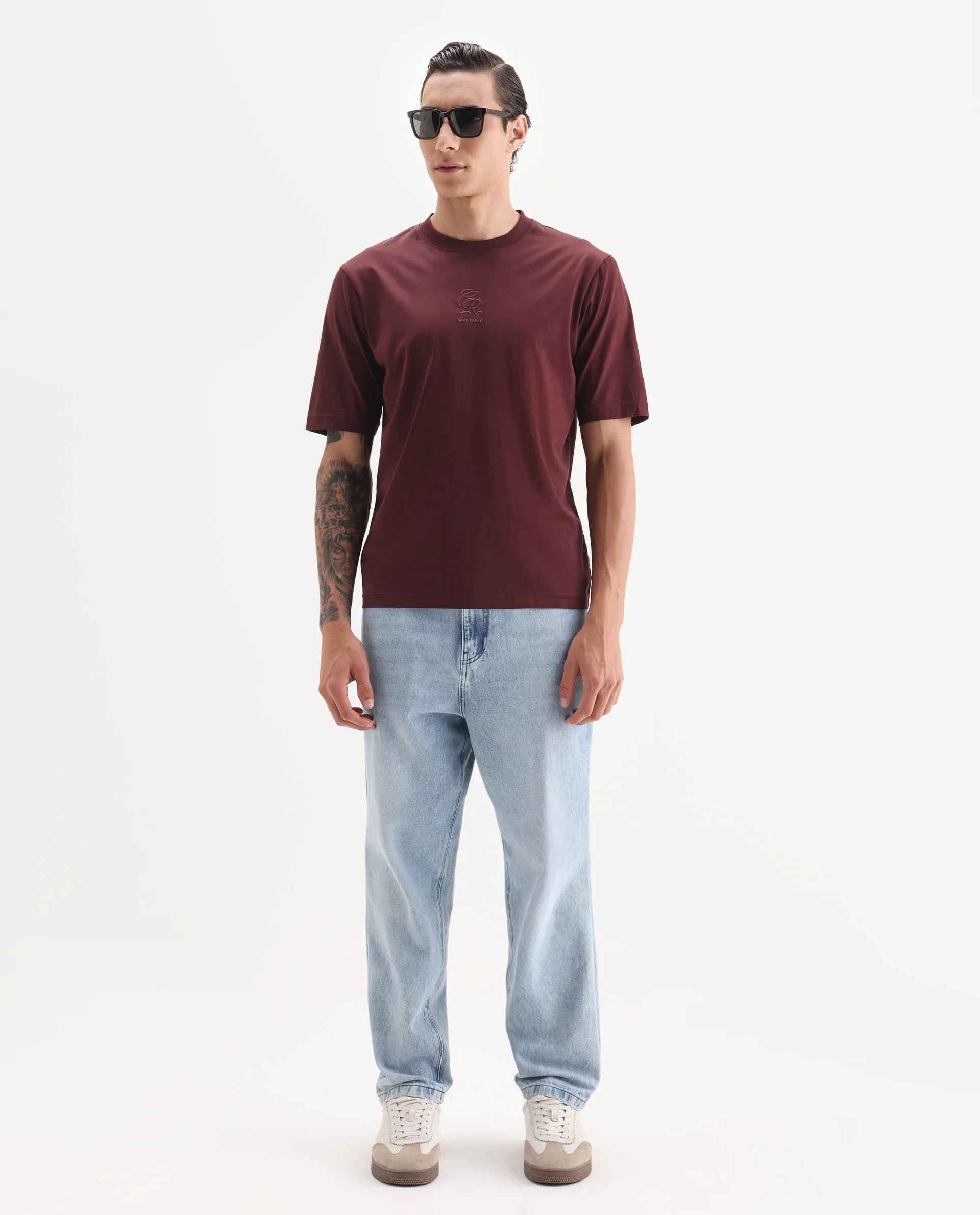 Rare Rabbit Men's Ject Maroon Cotton Fabric Half Sleeve Crew Neck Regular Fit Graphic Print T-Shirt - Image 2
