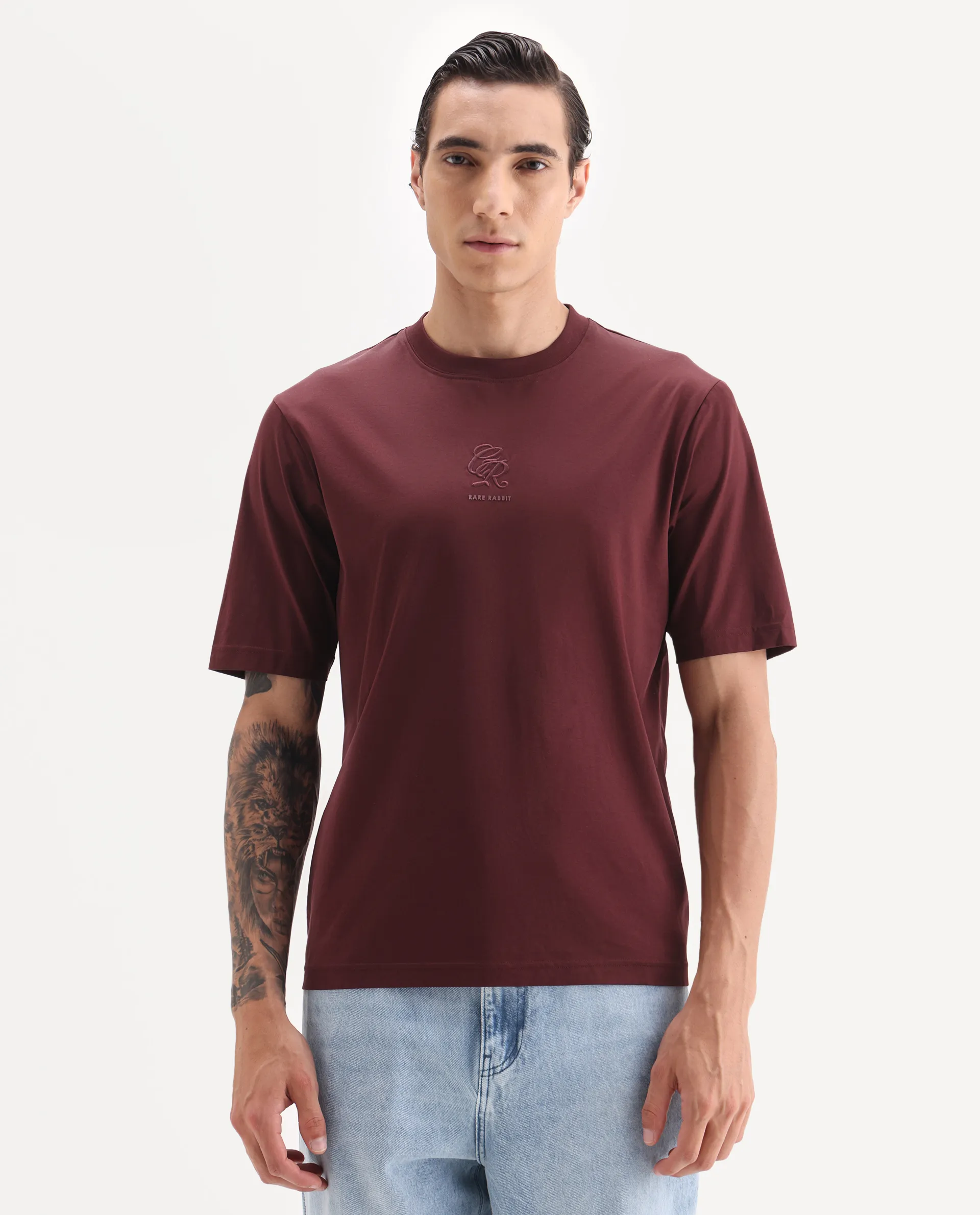 Rare Rabbit Men's Ject Maroon Cotton Fabric Half Sleeve Crew Neck Regular Fit Graphic Print T-Shirt - Image 4
