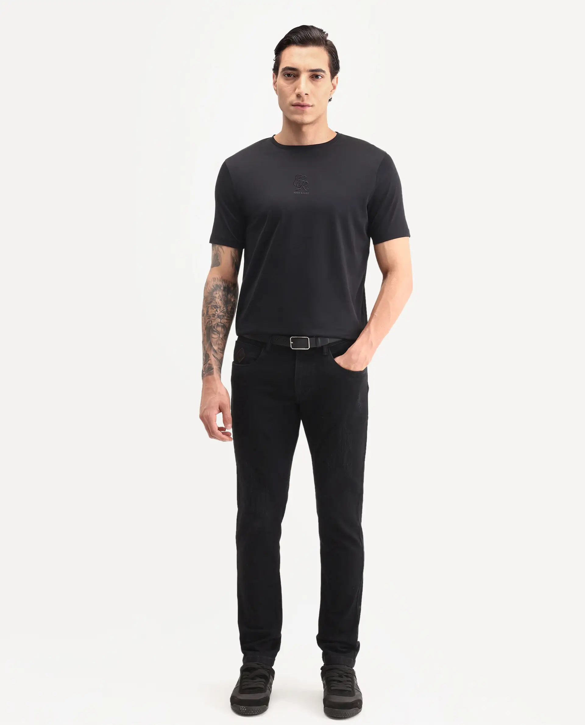 Rare Rabbit Men's Ject-S26 Black Cotton Fabric Half Sleeve Crew Neck Regular Fit Embroidered T-Shirt - Image 2