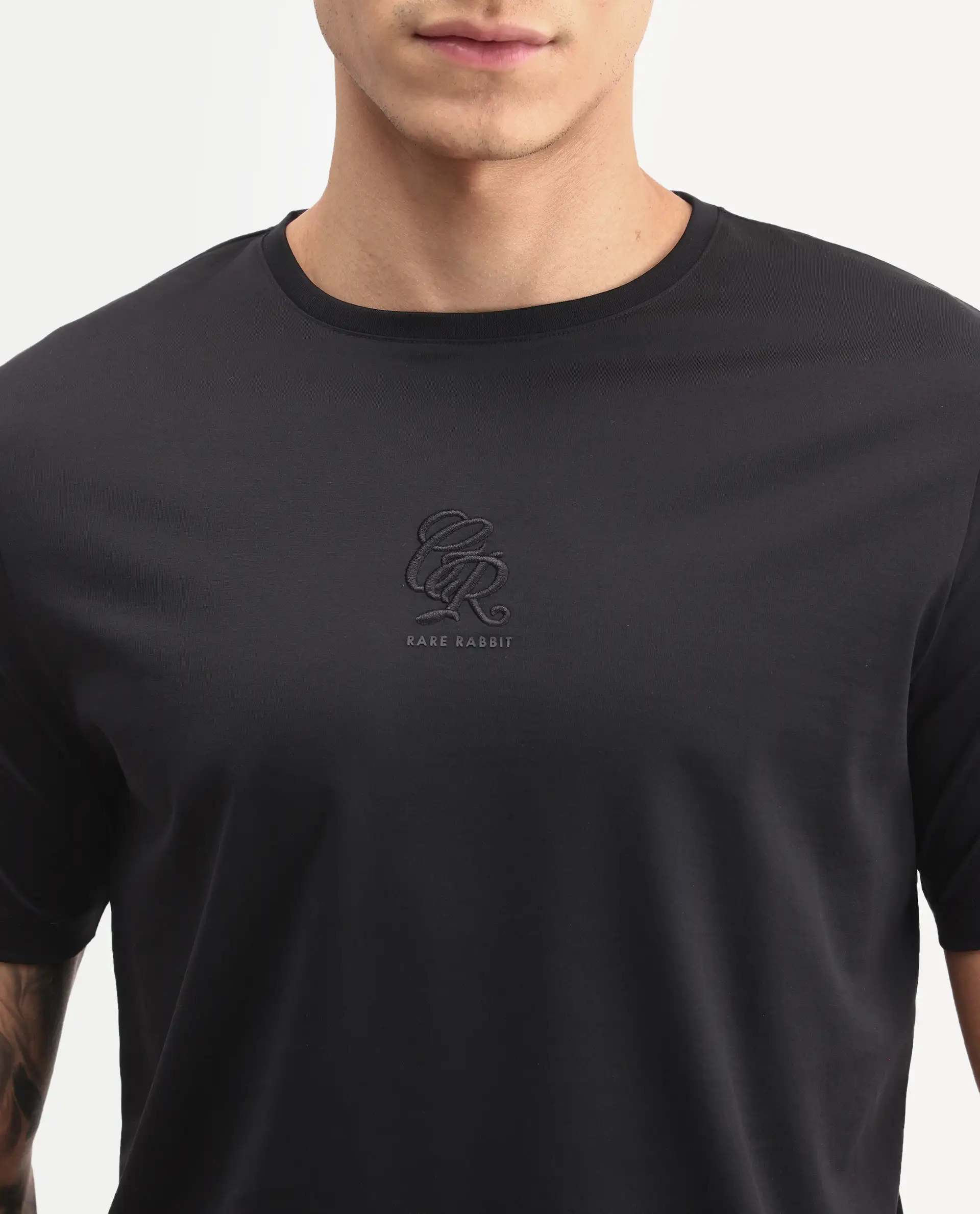 Rare Rabbit Men's Ject-S26 Black Cotton Fabric Half Sleeve Crew Neck Regular Fit Embroidered T-Shirt - Image 3