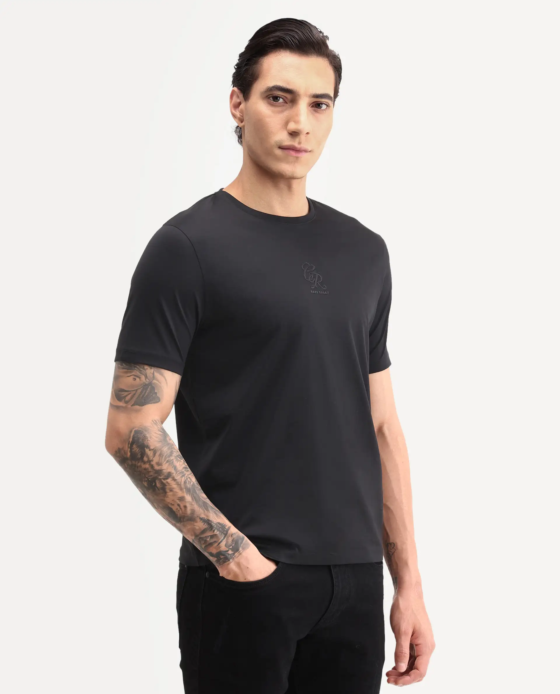 Rare Rabbit Men's Ject-S26 Black Cotton Fabric Half Sleeve Crew Neck Regular Fit Embroidered T-Shirt - Image 4