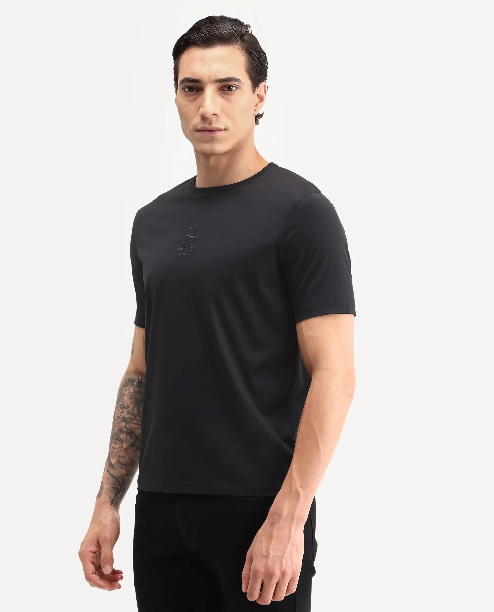 Rare Rabbit Men's Ject-S26 Black Cotton Fabric Half Sleeve Crew Neck Regular Fit Embroidered T-Shirt - Image 5
