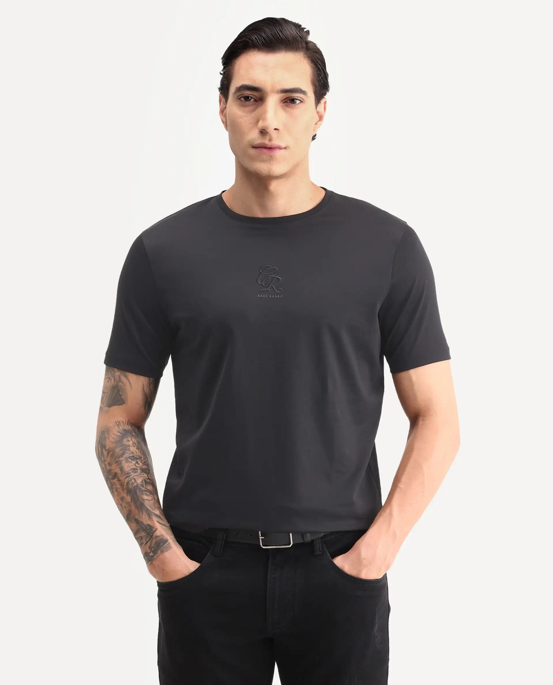 Rare Rabbit Men's Ject-S26 Black Cotton Fabric Half Sleeve Crew Neck Regular Fit Embroidered T-Shirt - Image 6