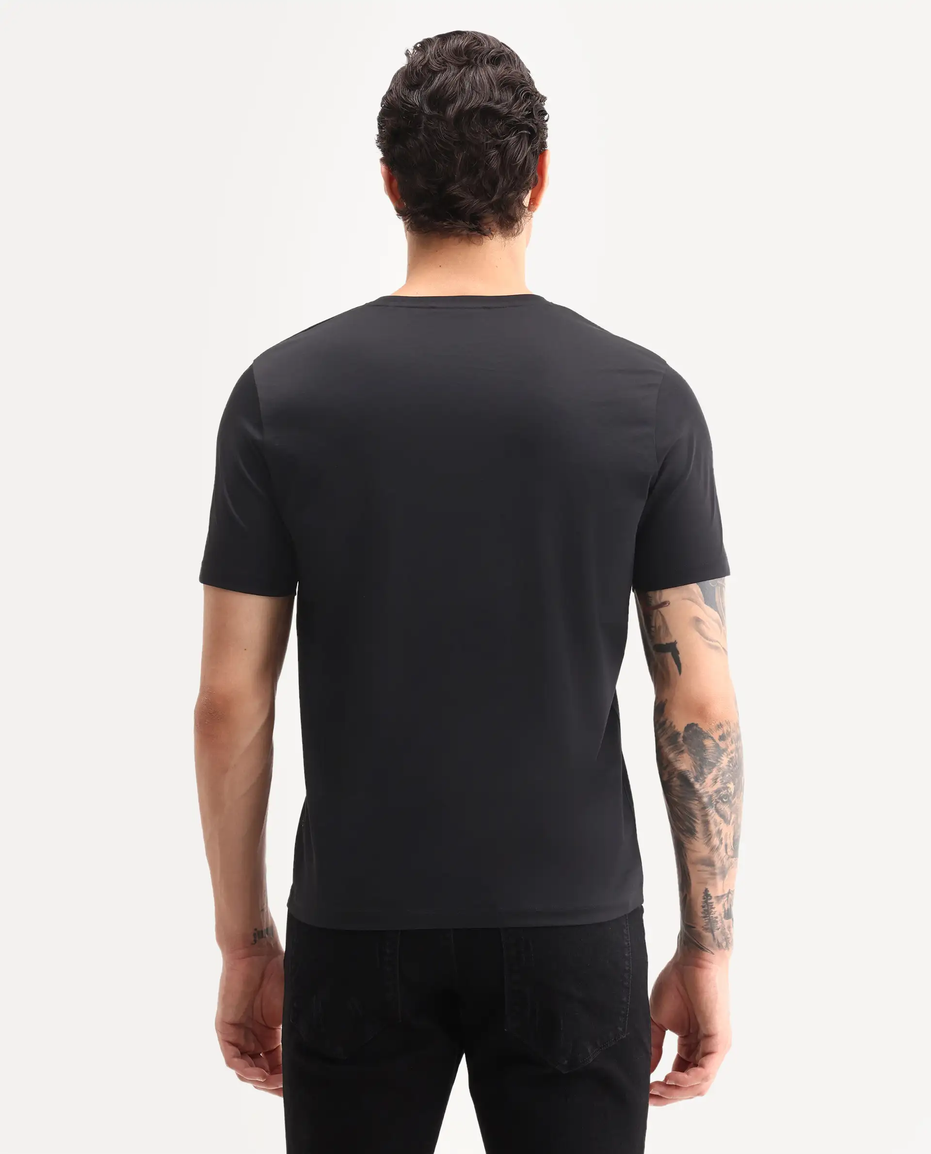 Rare Rabbit Men's Ject-S26 Black Cotton Fabric Half Sleeve Crew Neck Regular Fit Embroidered T-Shirt - Image 7