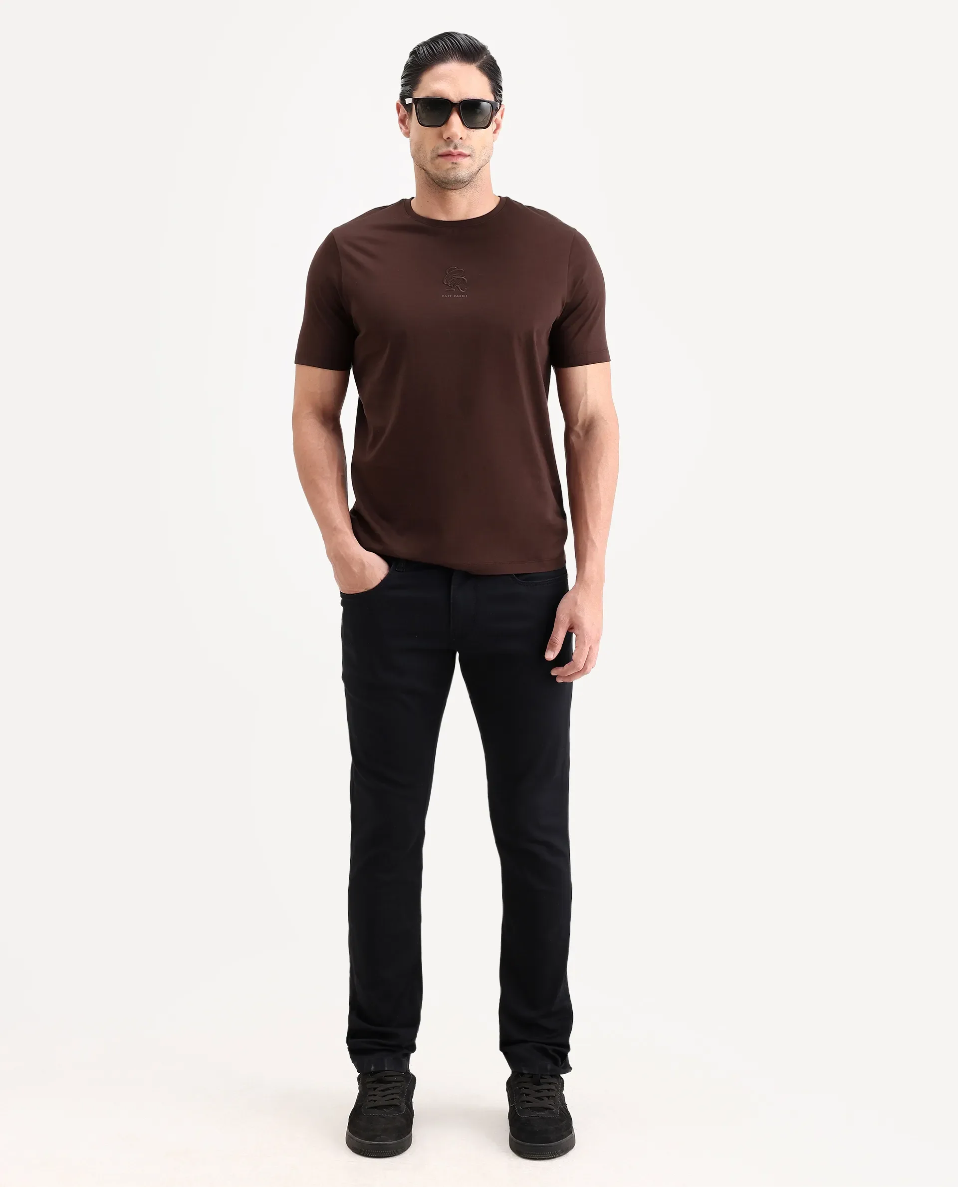 Rare Rabbit Men's Ject-S26 Dark Brown Cotton Fabric Half Sleeve Crew Neck Regular Fit Embroidered T-Shirt - Image 2