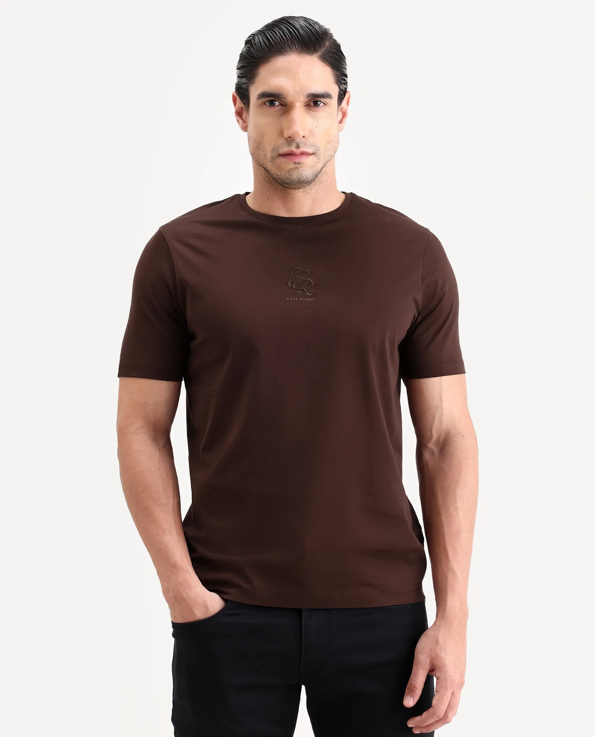 Rare Rabbit Men's Ject-S26 Dark Brown Cotton Fabric Half Sleeve Crew Neck Regular Fit Embroidered T-Shirt - Image 3