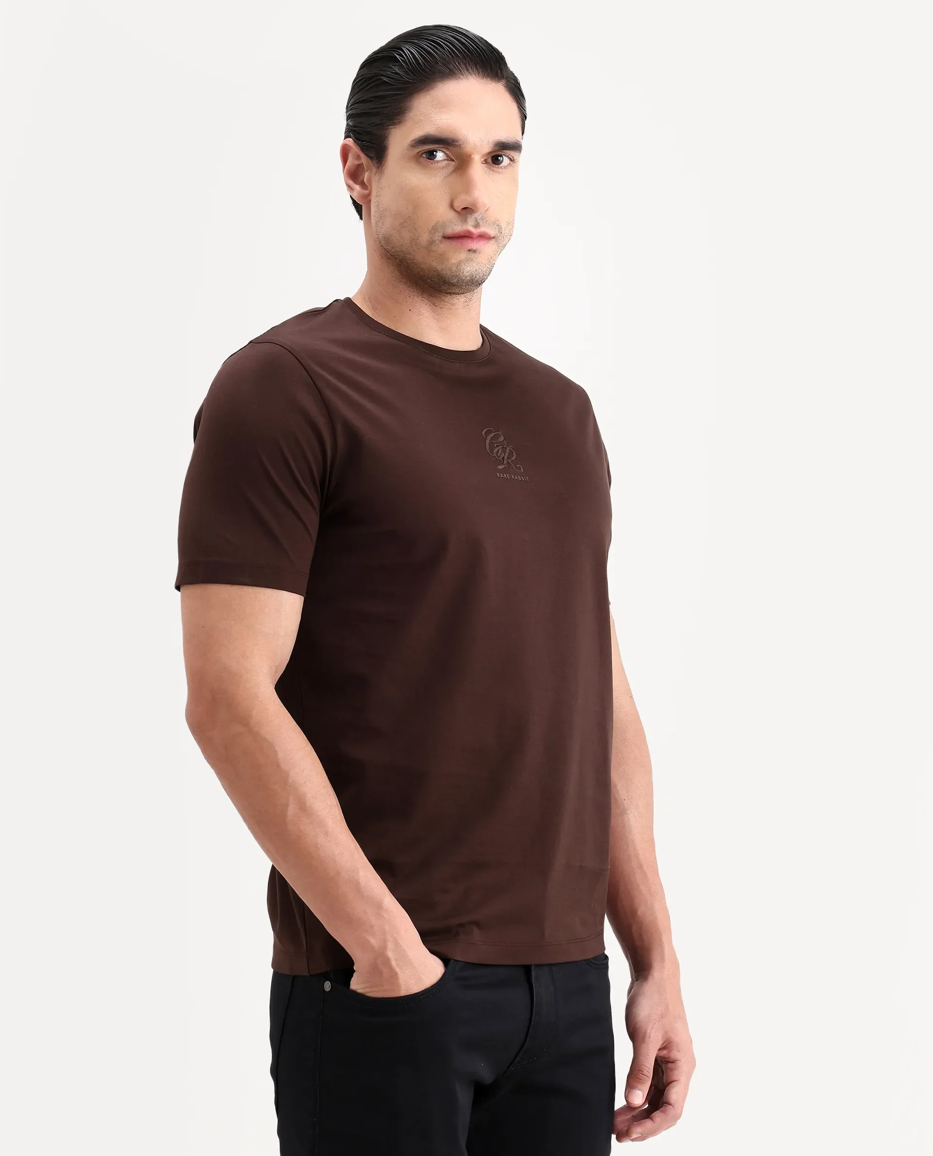 Rare Rabbit Men's Ject-S26 Dark Brown Cotton Fabric Half Sleeve Crew Neck Regular Fit Embroidered T-Shirt - Image 4