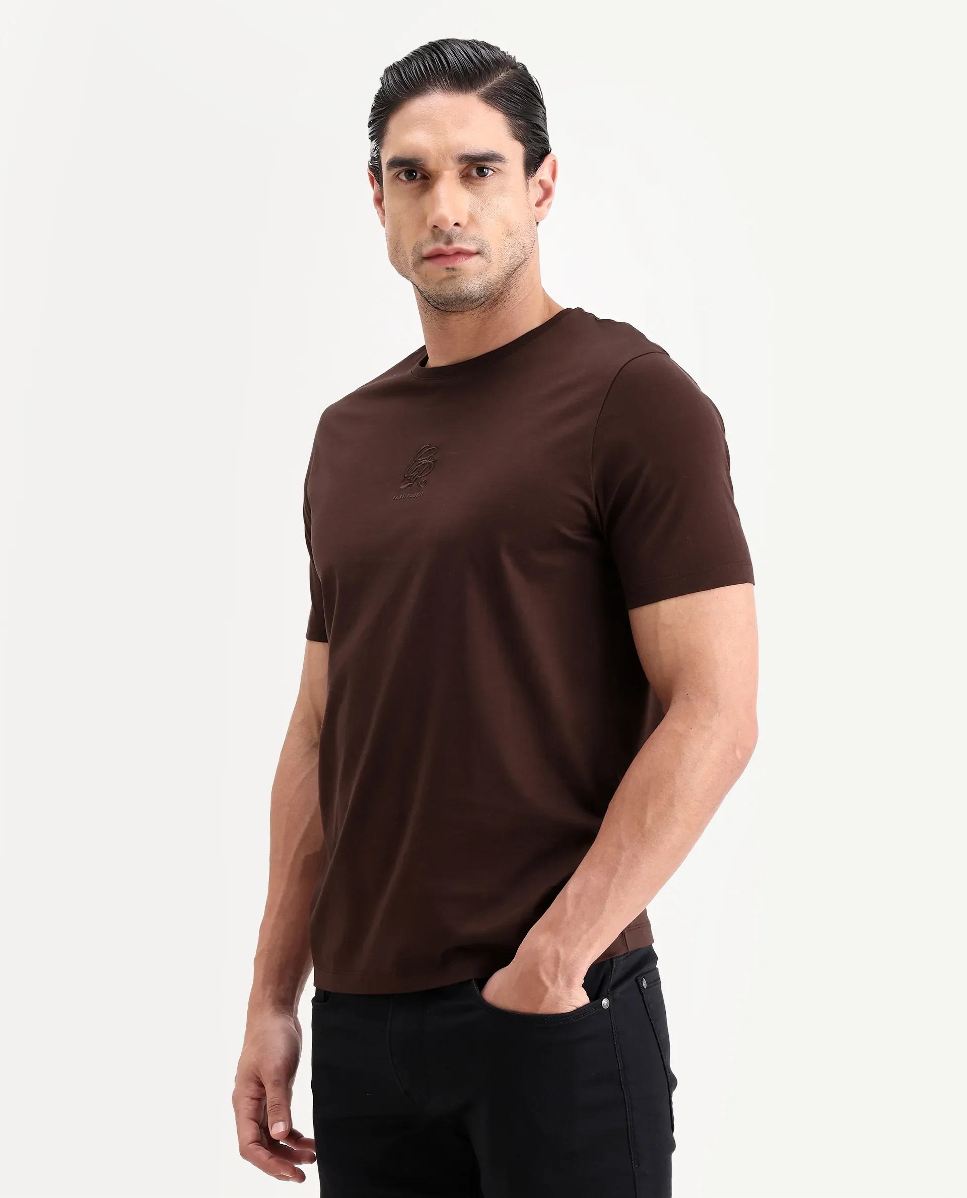 Rare Rabbit Men's Ject-S26 Dark Brown Cotton Fabric Half Sleeve Crew Neck Regular Fit Embroidered T-Shirt - Image 5