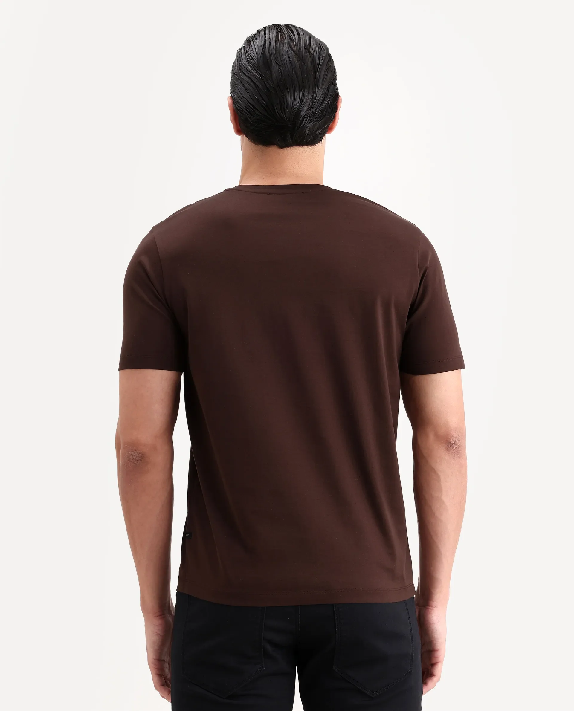 Rare Rabbit Men's Ject-S26 Dark Brown Cotton Fabric Half Sleeve Crew Neck Regular Fit Embroidered T-Shirt - Image 6