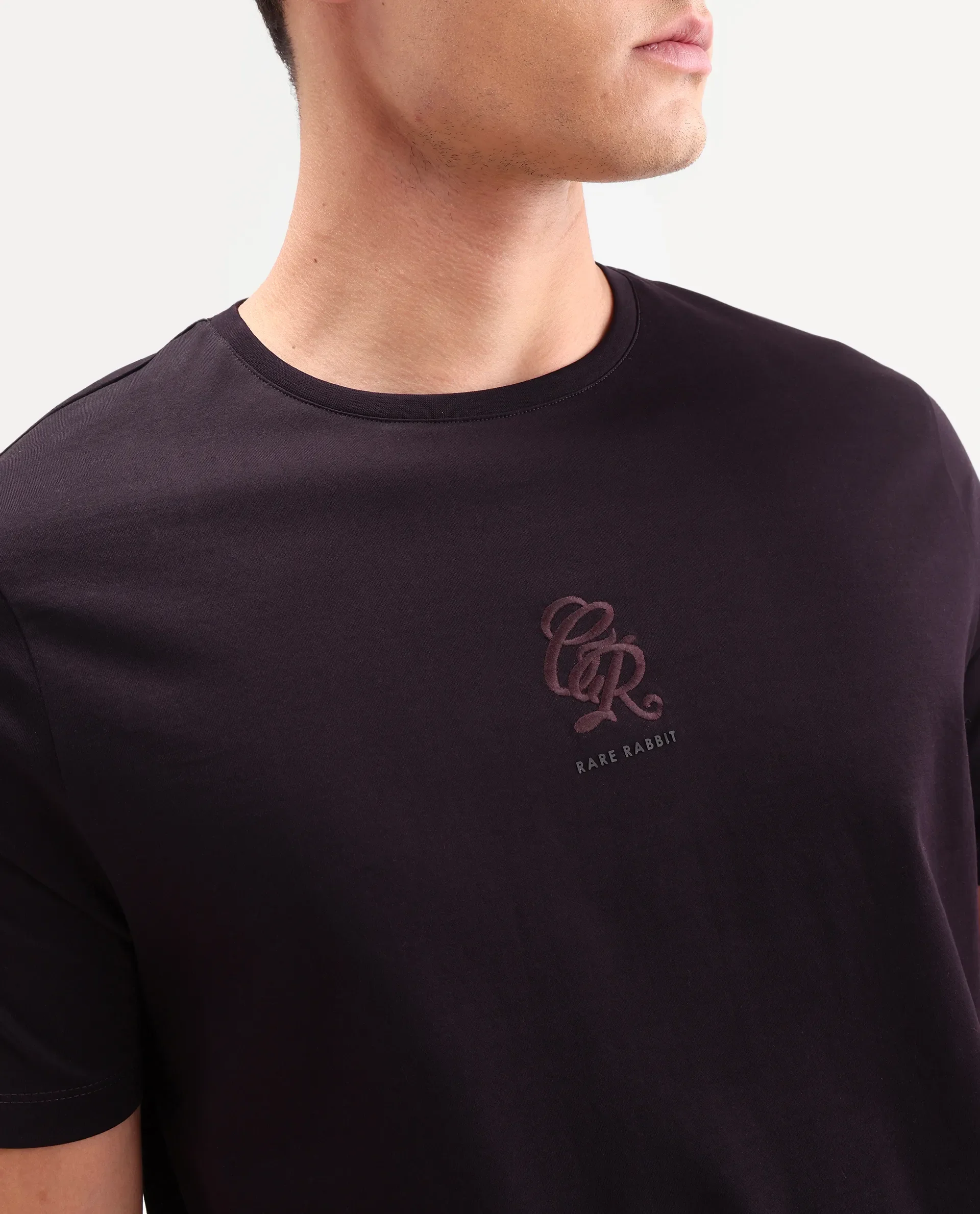 Rare Rabbit Men's Ject-S26 Dark Purple Cotton Fabric Half Sleeve Crew Neck Regular Fit Embroidered T-Shirt - Image 3