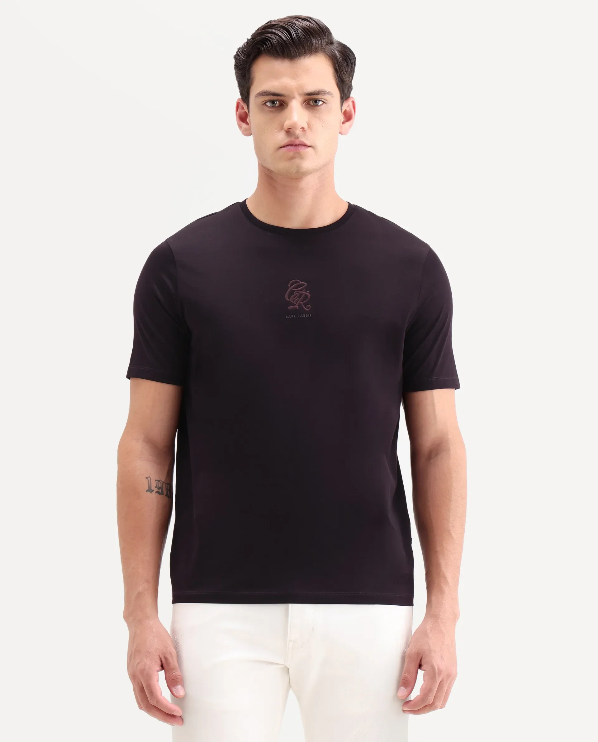 Rare Rabbit Men's Ject-S26 Dark Purple Cotton Fabric Half Sleeve Crew Neck Regular Fit Embroidered T-Shirt - Image 4