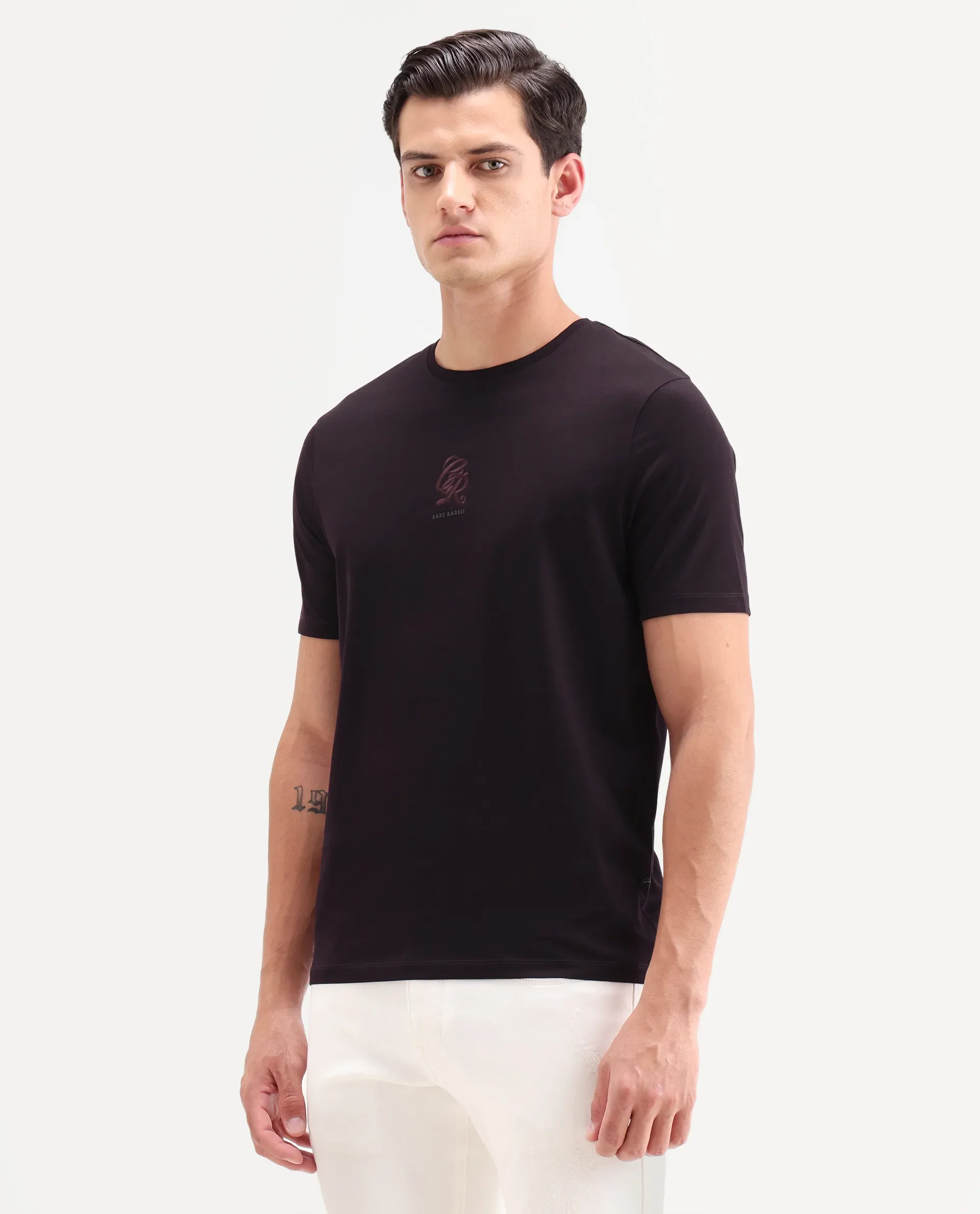 Rare Rabbit Men's Ject-S26 Dark Purple Cotton Fabric Half Sleeve Crew Neck Regular Fit Embroidered T-Shirt - Image 5