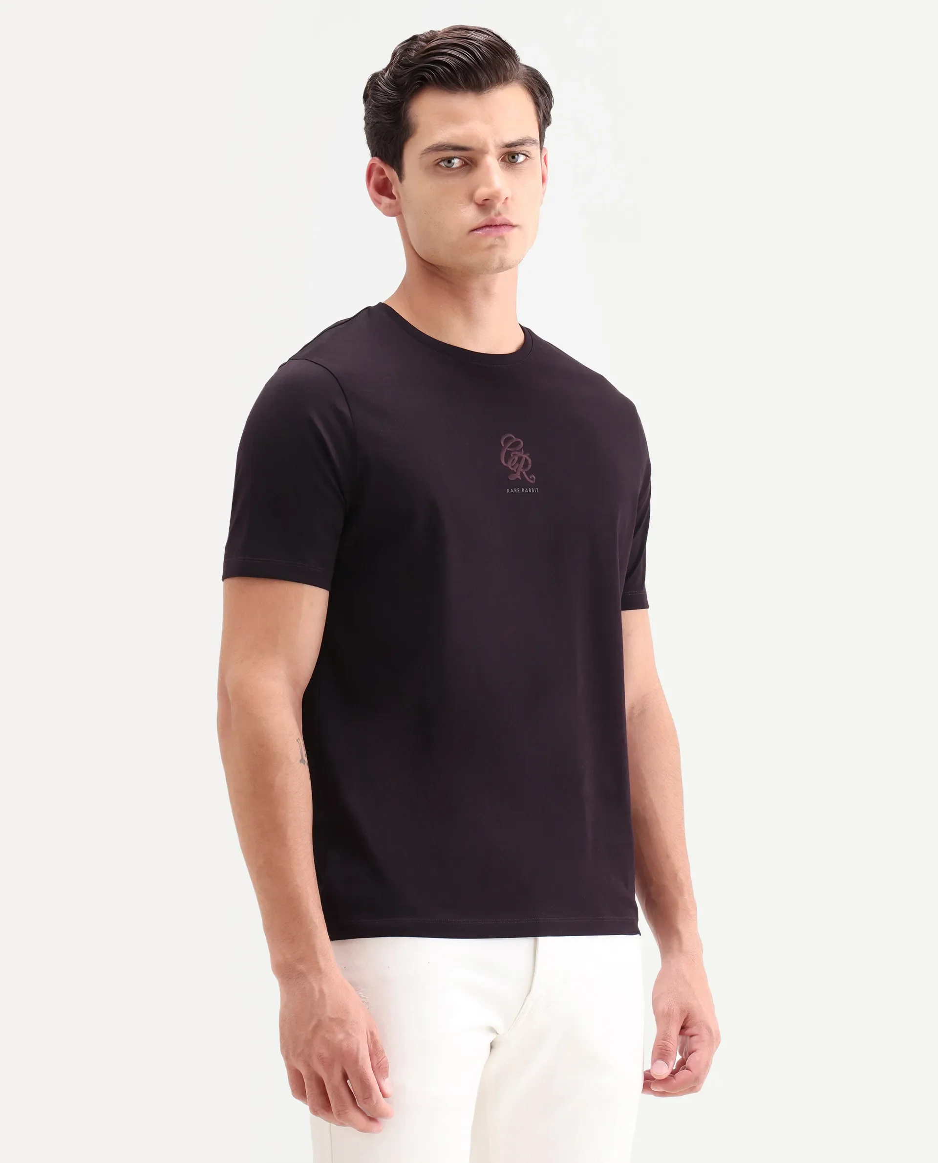 Rare Rabbit Men's Ject-S26 Dark Purple Cotton Fabric Half Sleeve Crew Neck Regular Fit Embroidered T-Shirt - Image 6