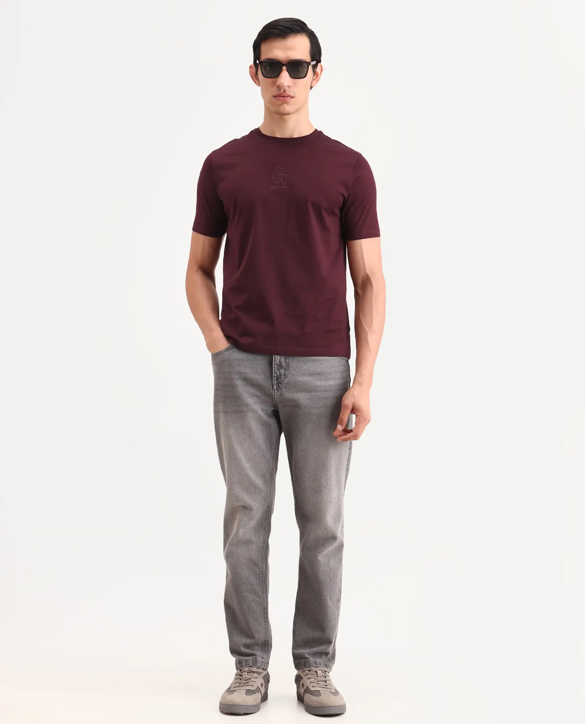 Rare Rabbit Men's Ject-S26 Maroon Cotton Fabric Half Sleeve Crew Neck Regular Fit Embroidered T-Shirt - Image 2