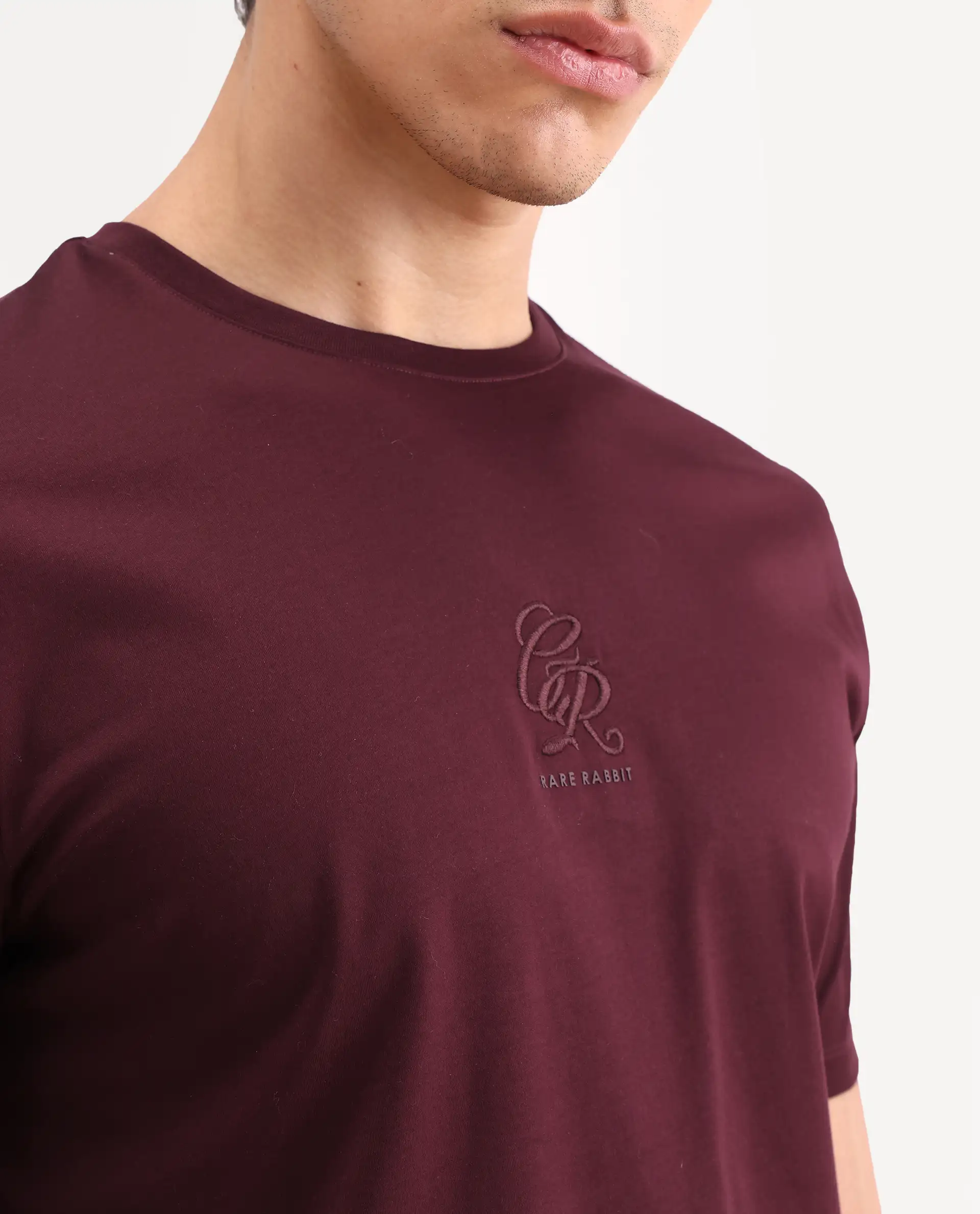 Rare Rabbit Men's Ject-S26 Maroon Cotton Fabric Half Sleeve Crew Neck Regular Fit Embroidered T-Shirt - Image 3