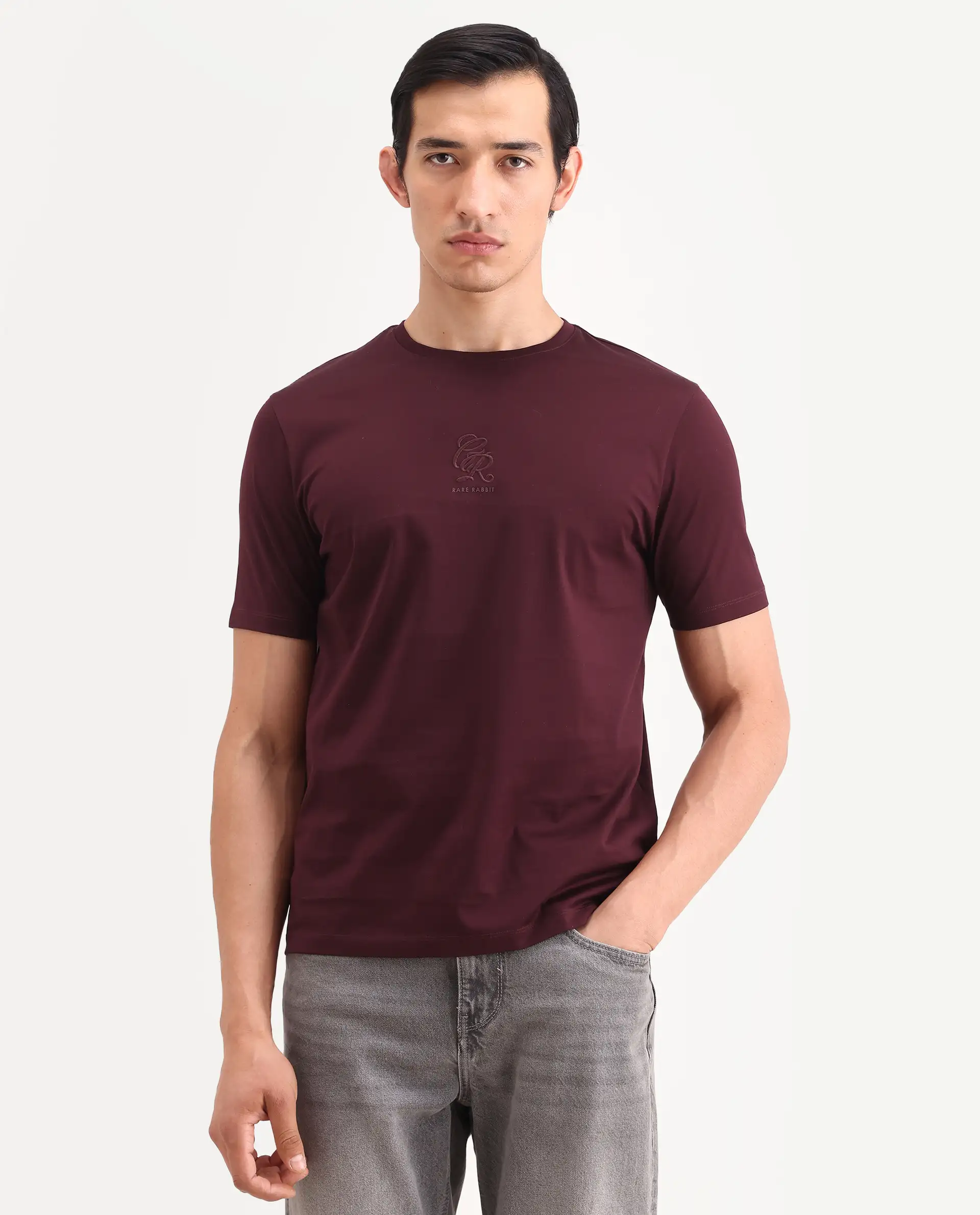 Rare Rabbit Men's Ject-S26 Maroon Cotton Fabric Half Sleeve Crew Neck Regular Fit Embroidered T-Shirt - Image 4