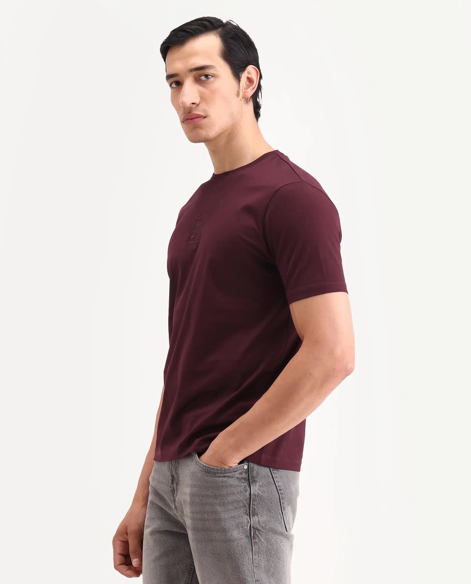 Rare Rabbit Men's Ject-S26 Maroon Cotton Fabric Half Sleeve Crew Neck Regular Fit Embroidered T-Shirt - Image 5