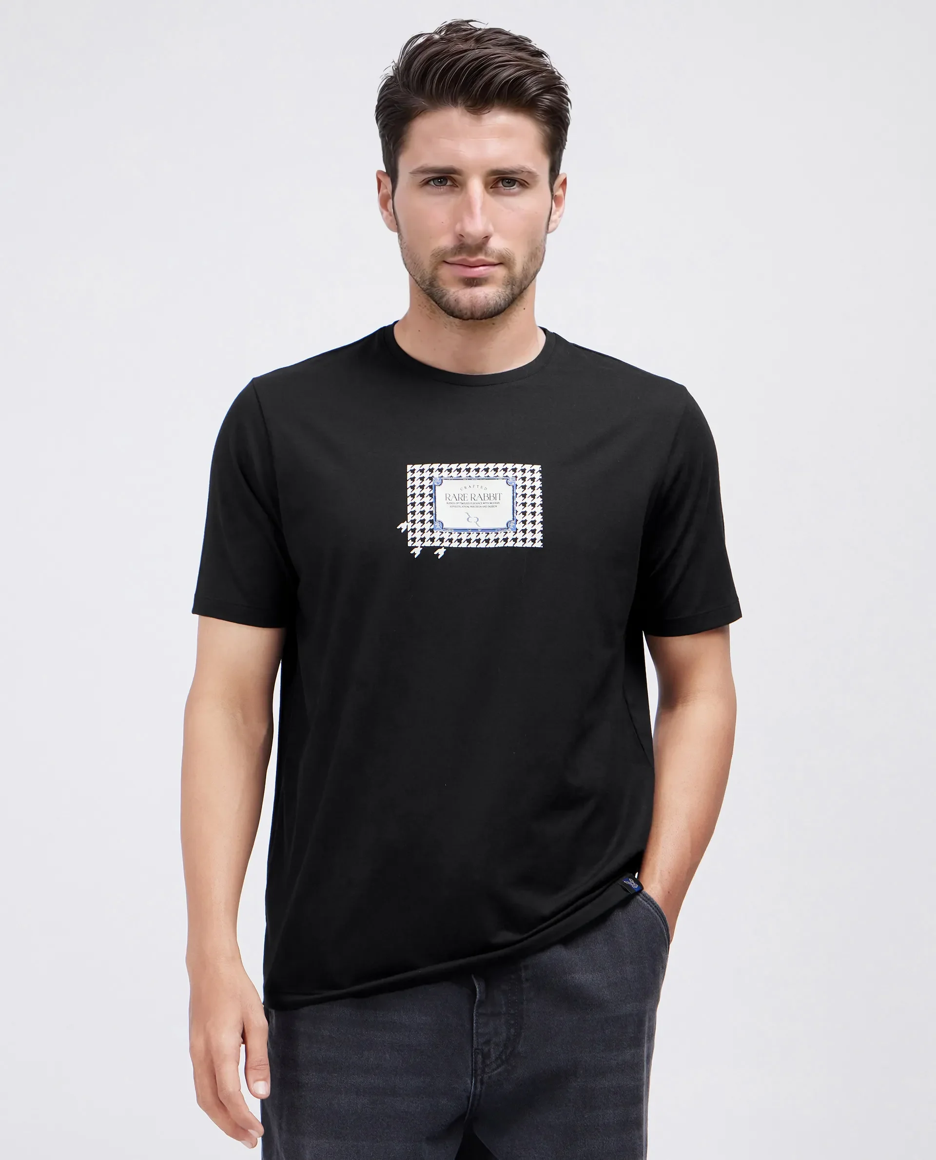 Rare Rabbit Men's Jed Black Cotton Blend Graphic Print Regular Fit Half Sleeve Crew Neck T-Shirt - Image 2