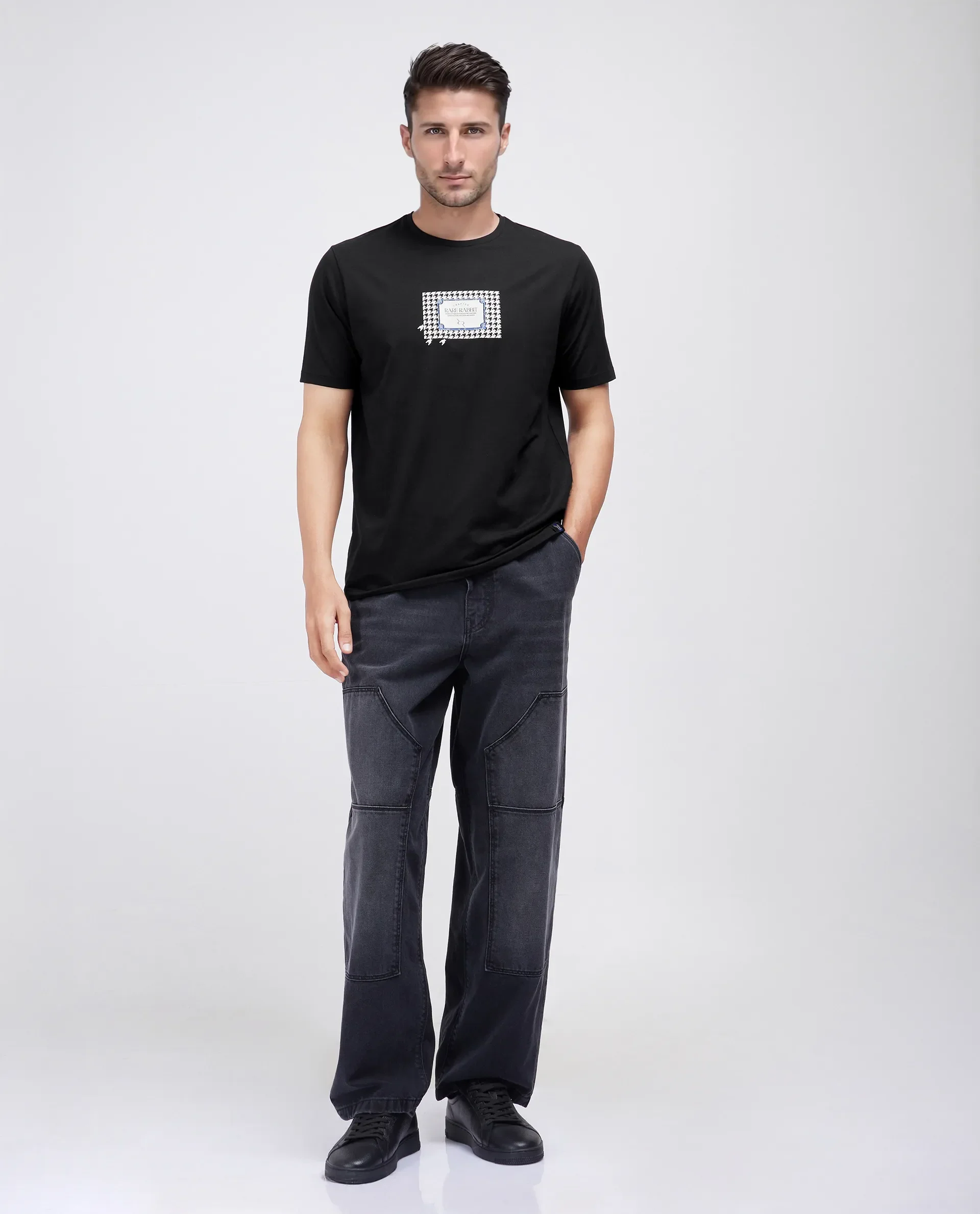 Rare Rabbit Men's Jed Black Cotton Blend Graphic Print Regular Fit Half Sleeve Crew Neck T-Shirt - Image 3
