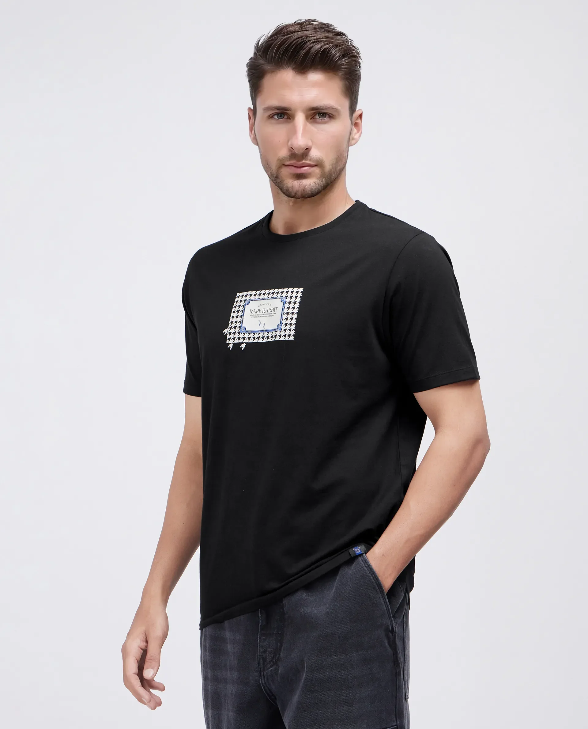 Rare Rabbit Men's Jed Black Cotton Blend Graphic Print Regular Fit Half Sleeve Crew Neck T-Shirt - Image 6